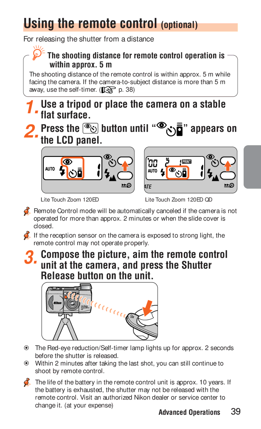 Nikon ED 120 instruction manual Using the remote control optional, Appears on 