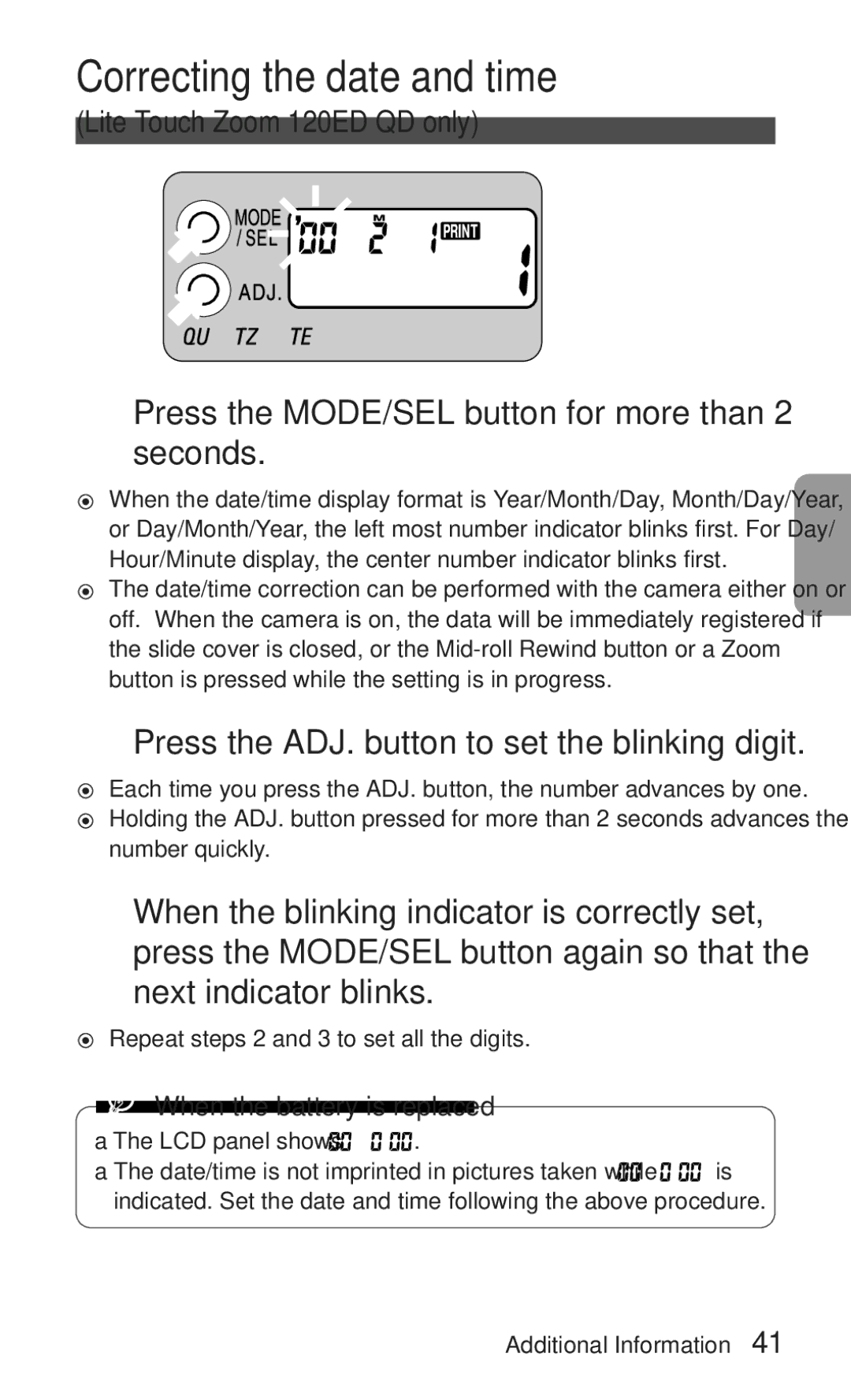 Nikon ED 120 Correcting the date and time, Press the MODE/SEL button for more than 2 seconds, When the battery is replaced 