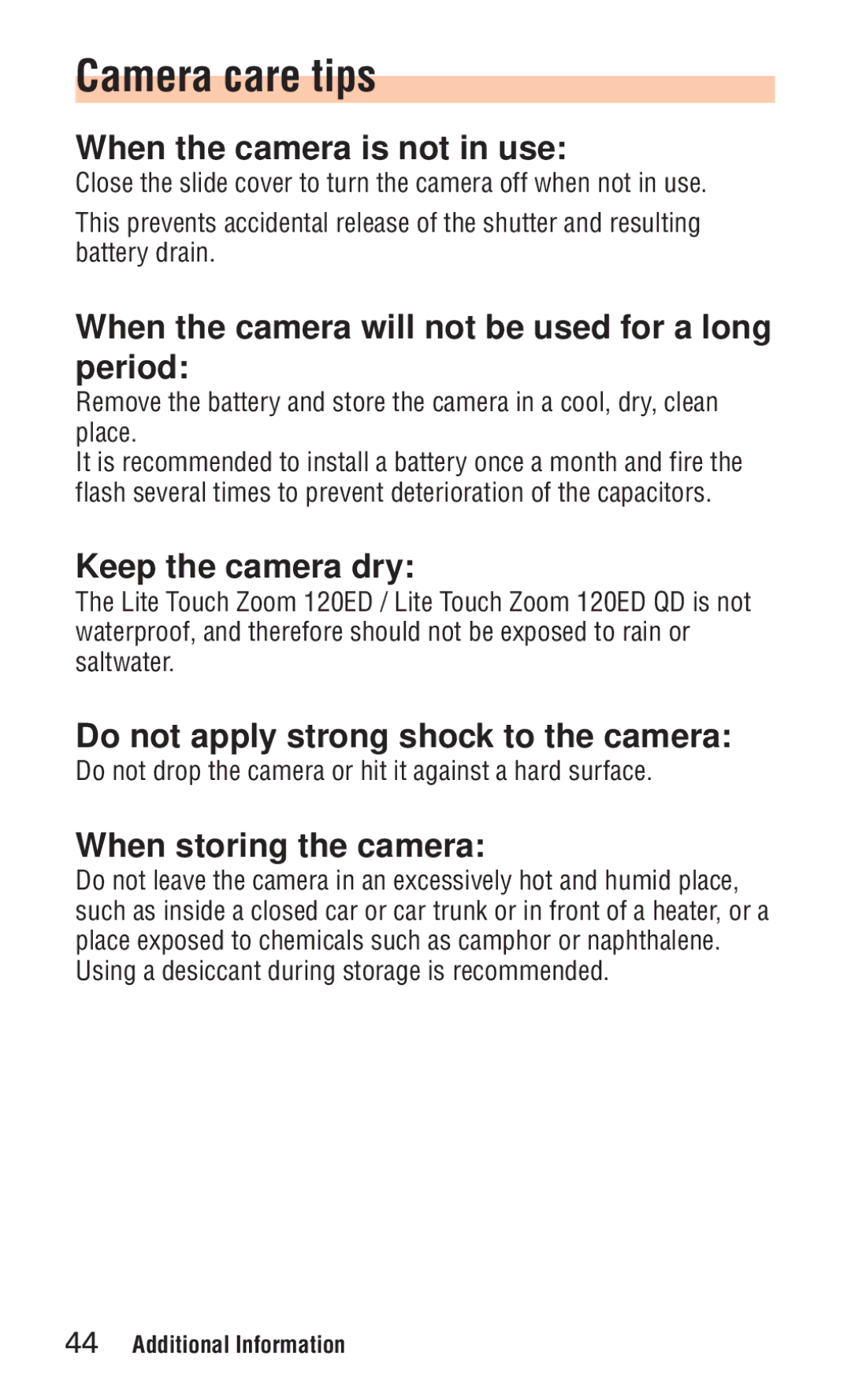Nikon ED 120 instruction manual Camera care tips 