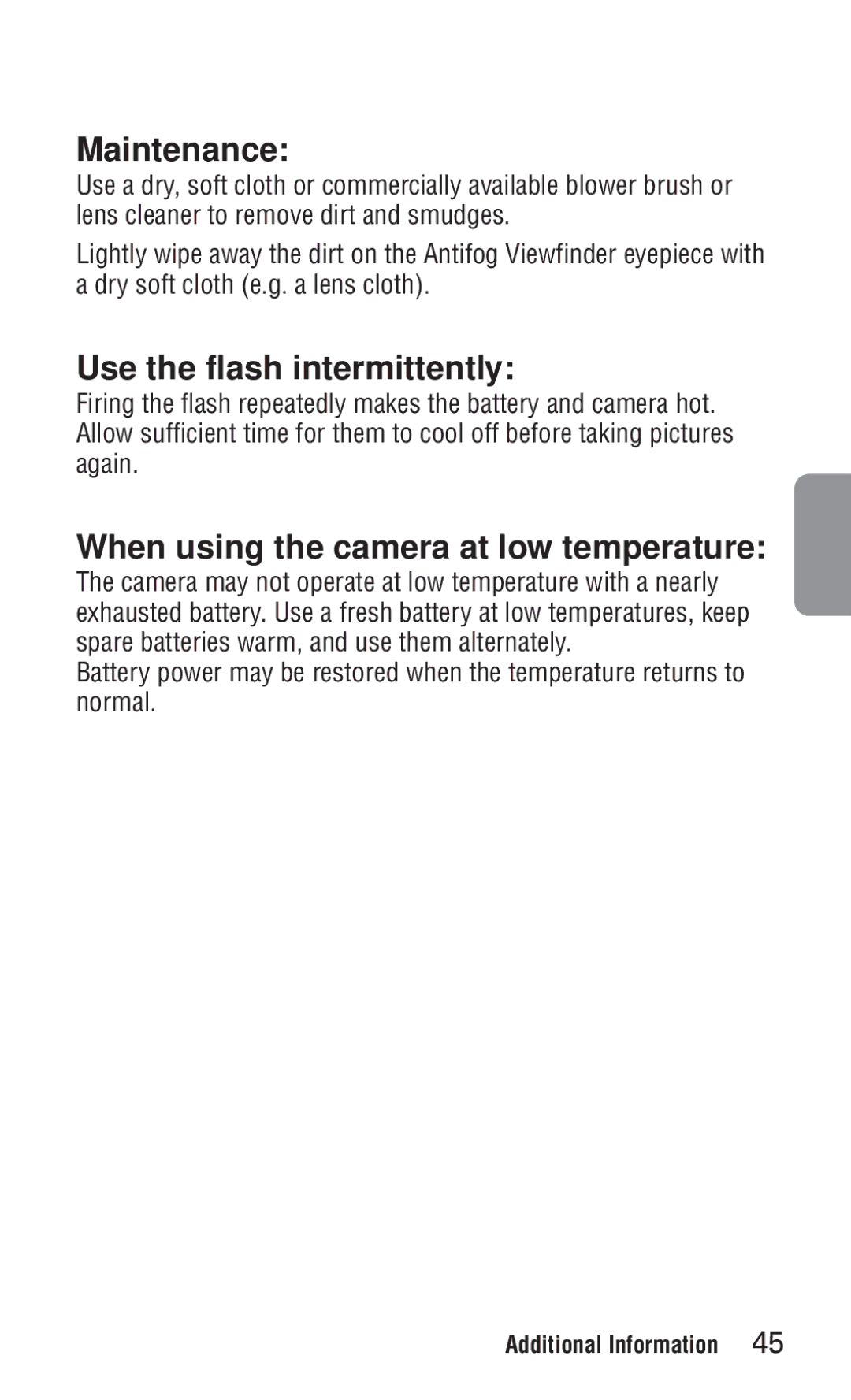 Nikon ED 120 instruction manual Maintenance, Use the flash intermittently, When using the camera at low temperature 