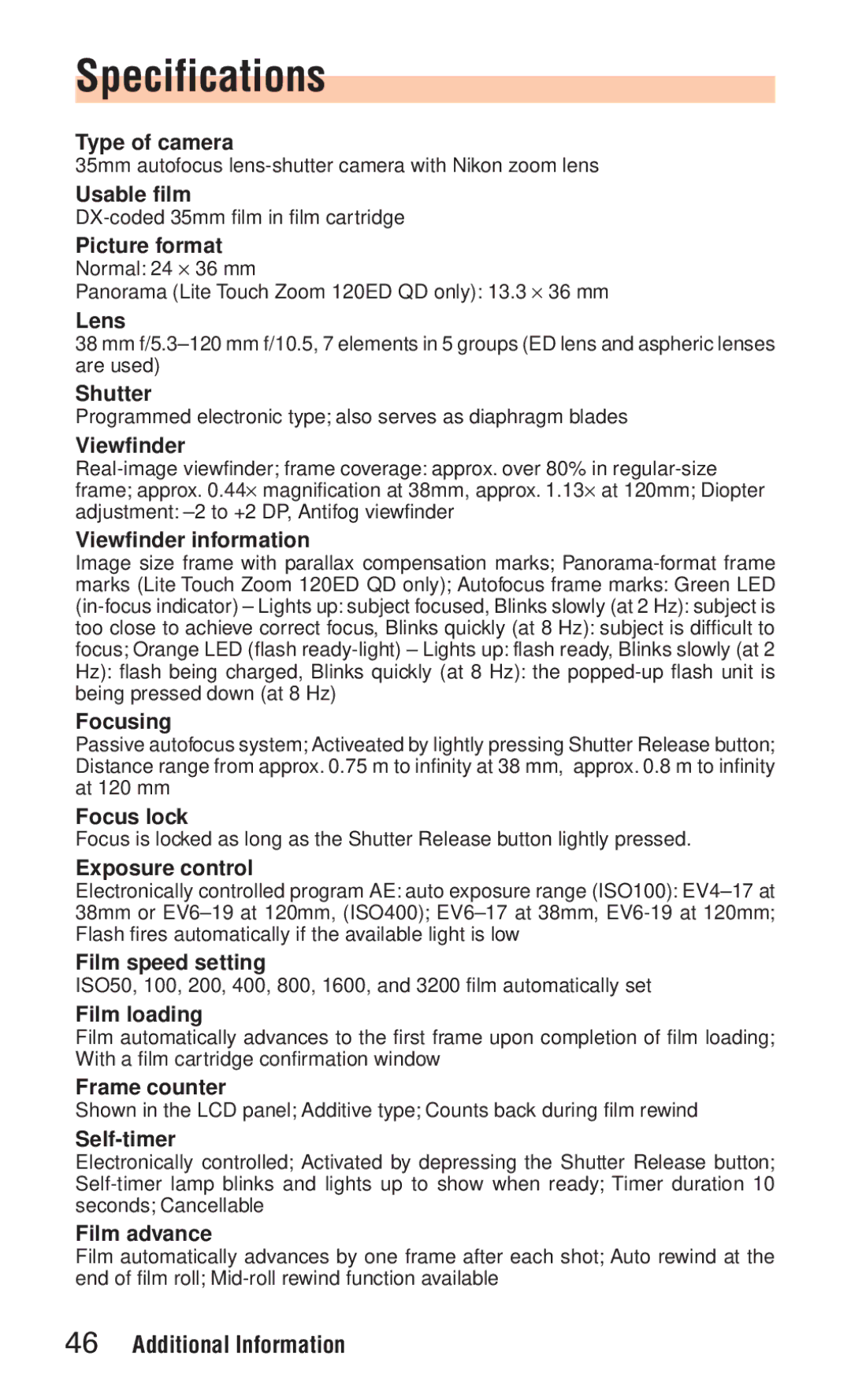 Nikon ED 120 instruction manual Specifications, Viewfinder 