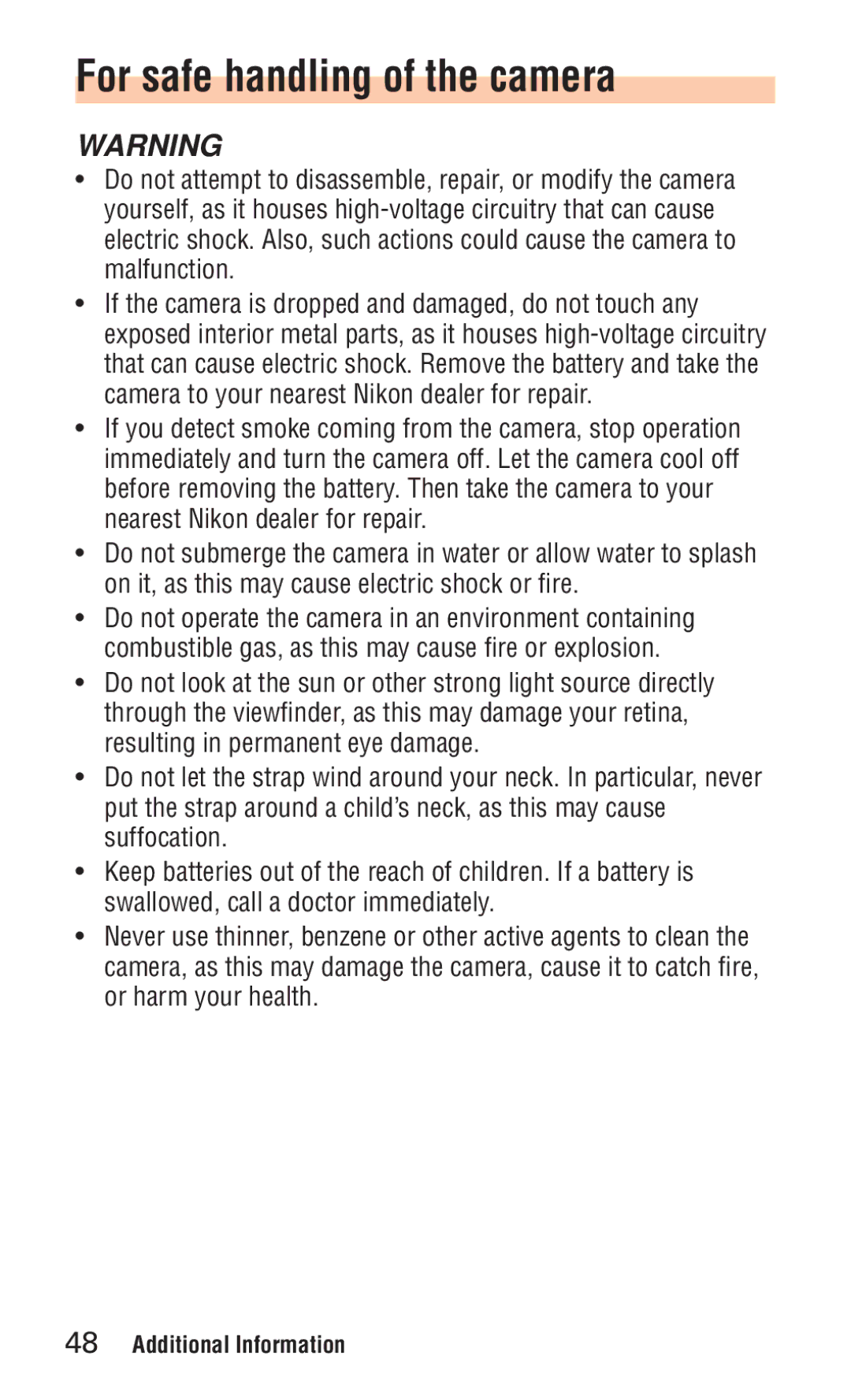 Nikon ED 120 instruction manual For safe handling of the camera 