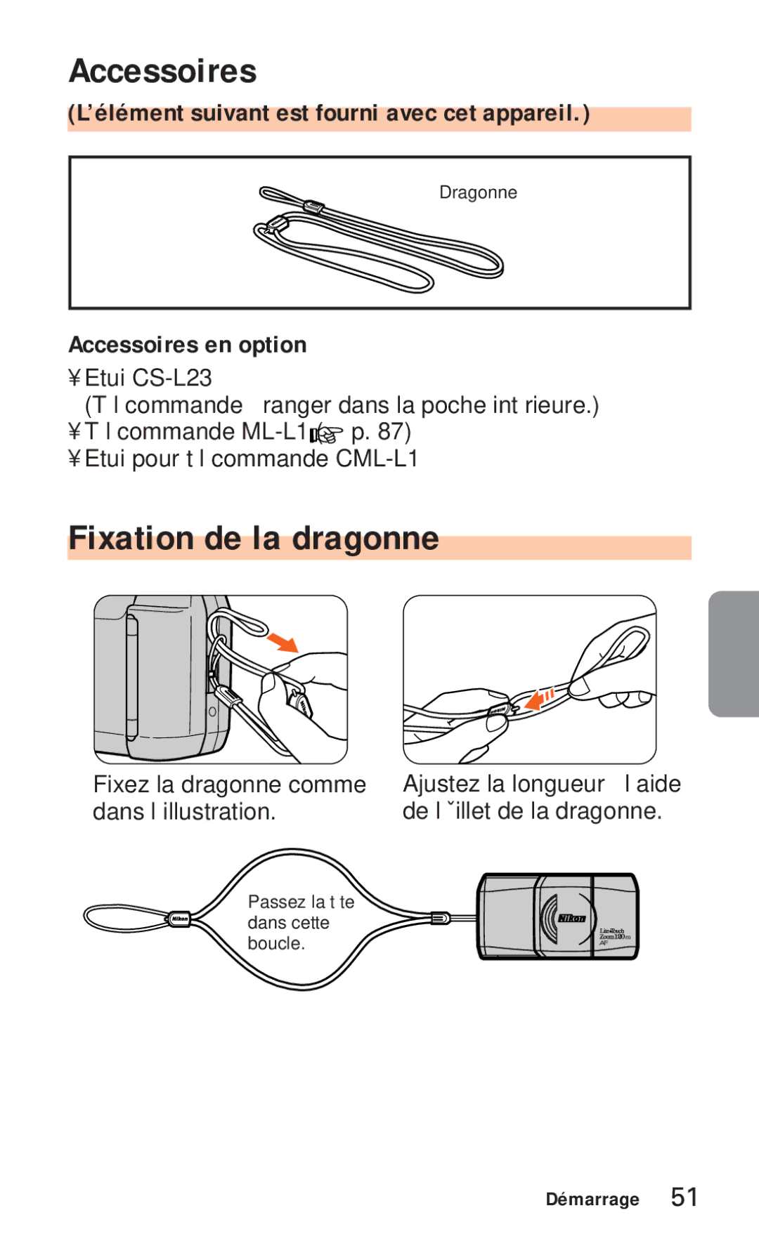 Nikon ED 120 Fixation de la dragonne, ’élément suivant est fourni avec cet appareil, Accessoires en option 