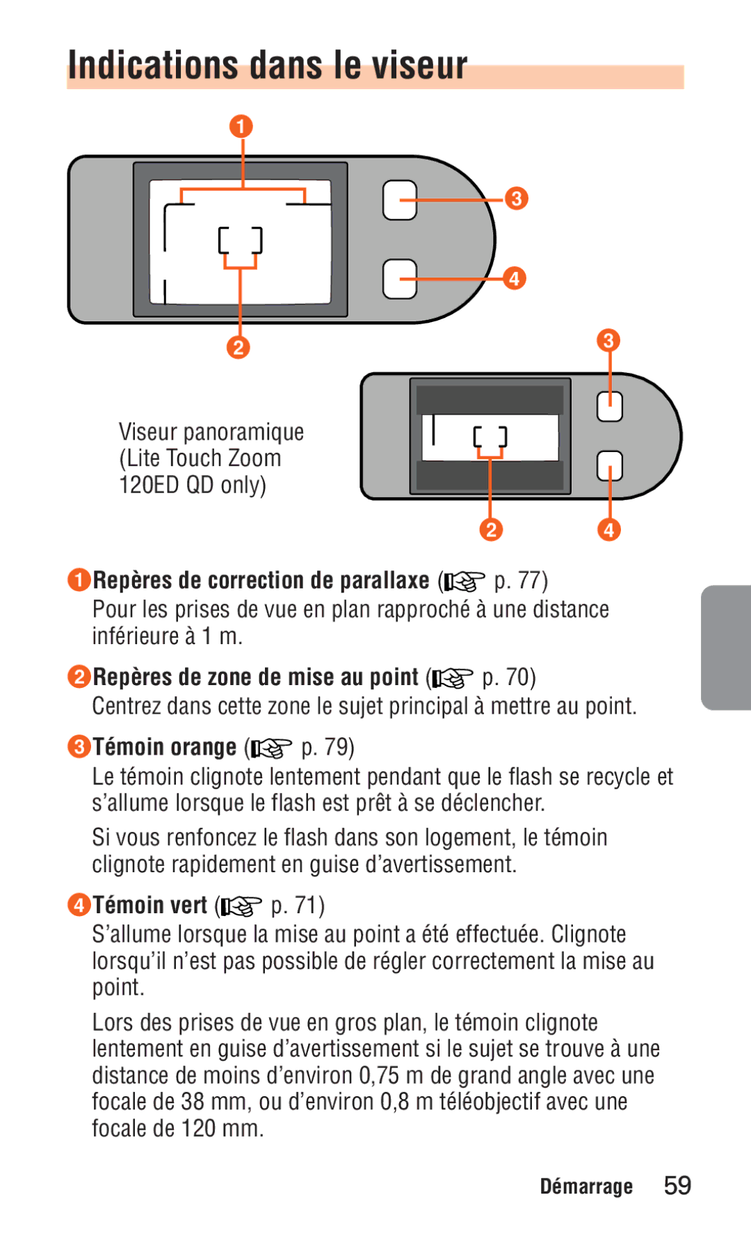 Nikon ED 120 instruction manual Indications dans le viseur, 3Témoin orange, 4Témoin vert 