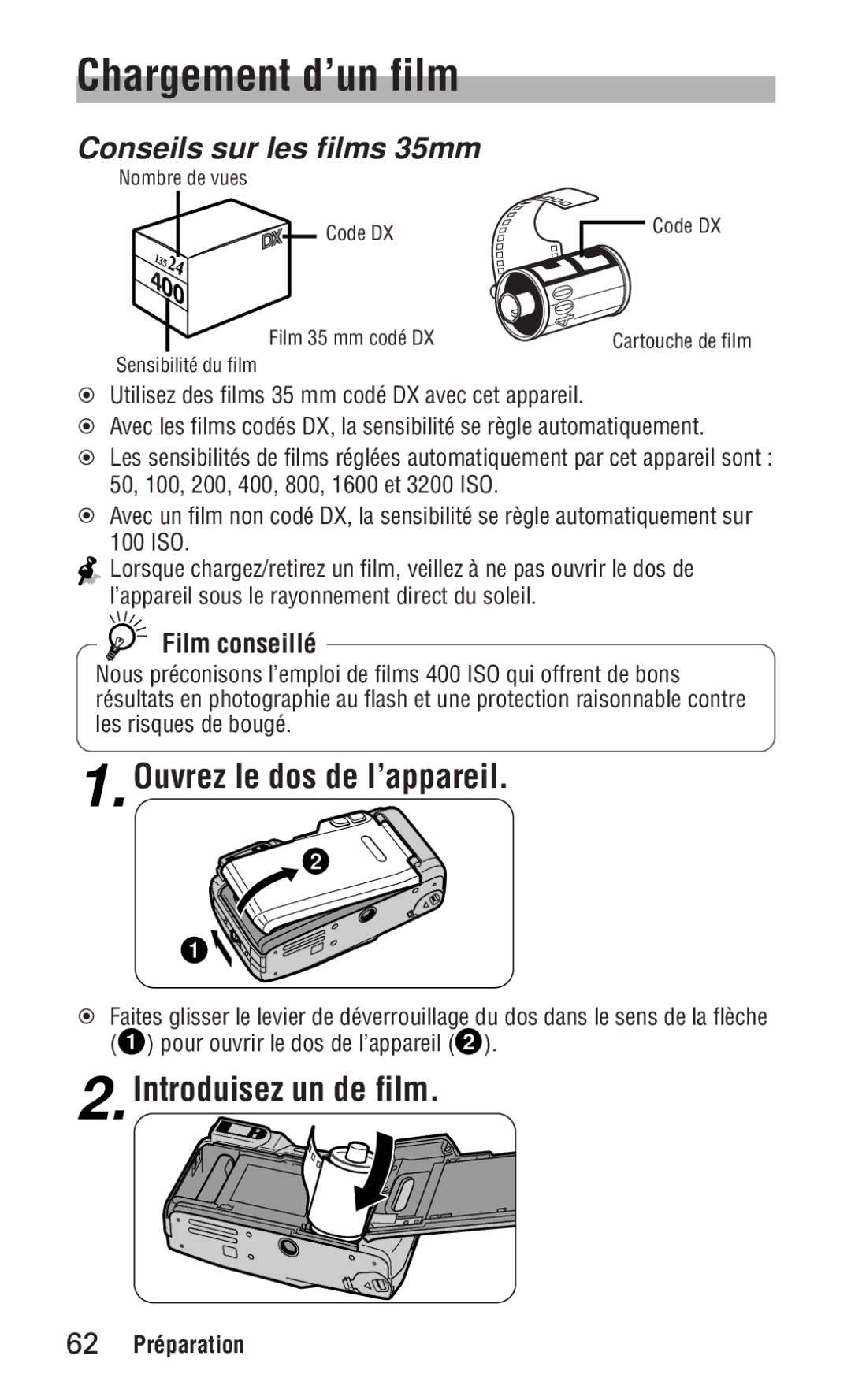 Nikon ED 120 Chargement d’un film, Ouvrez le dos de l’appareil, Introduisez un de film, Conseils sur les films 35mm 