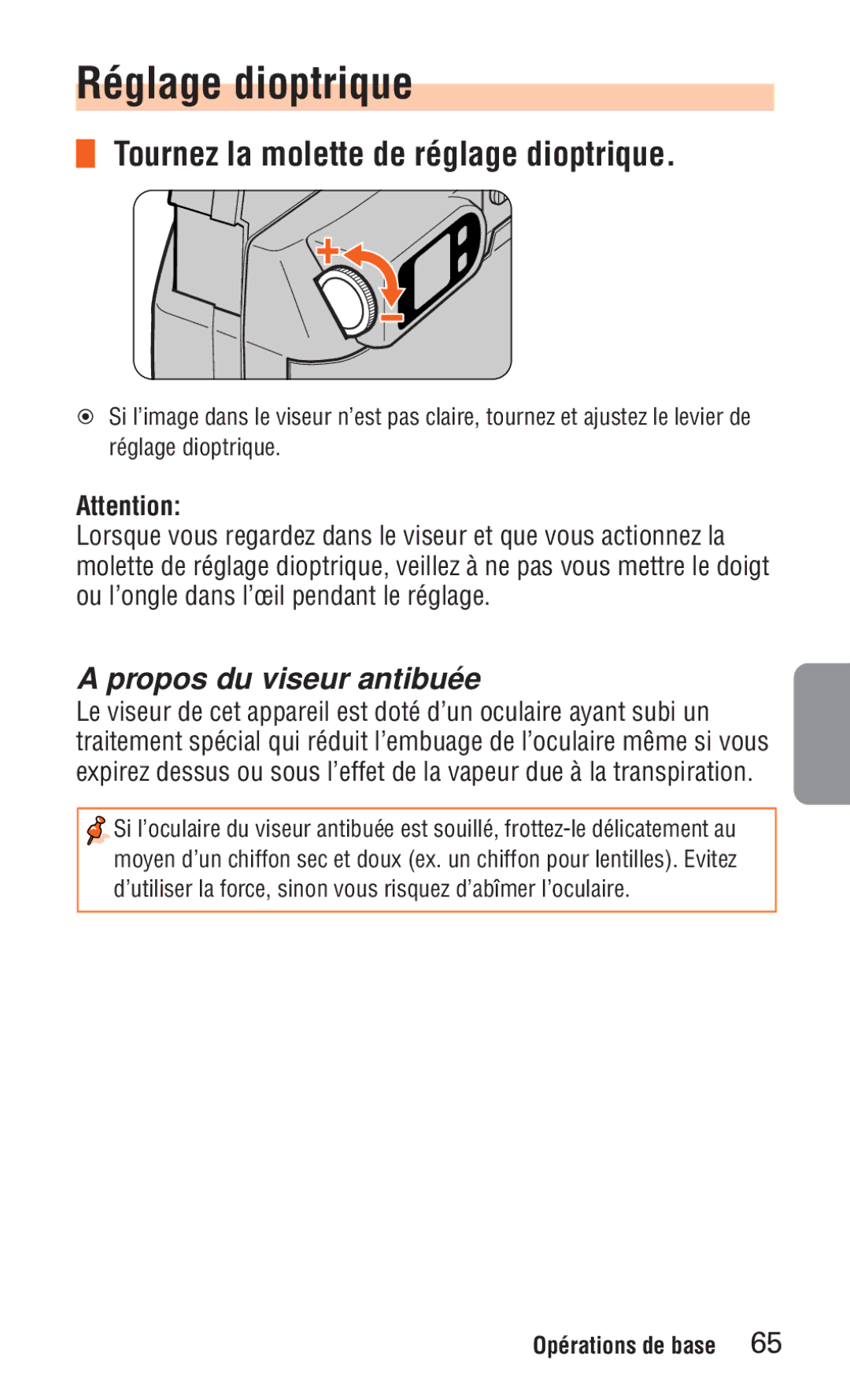 Nikon ED 120 instruction manual Réglage dioptrique, Tournez la molette de réglage dioptrique, Propos du viseur antibuée 