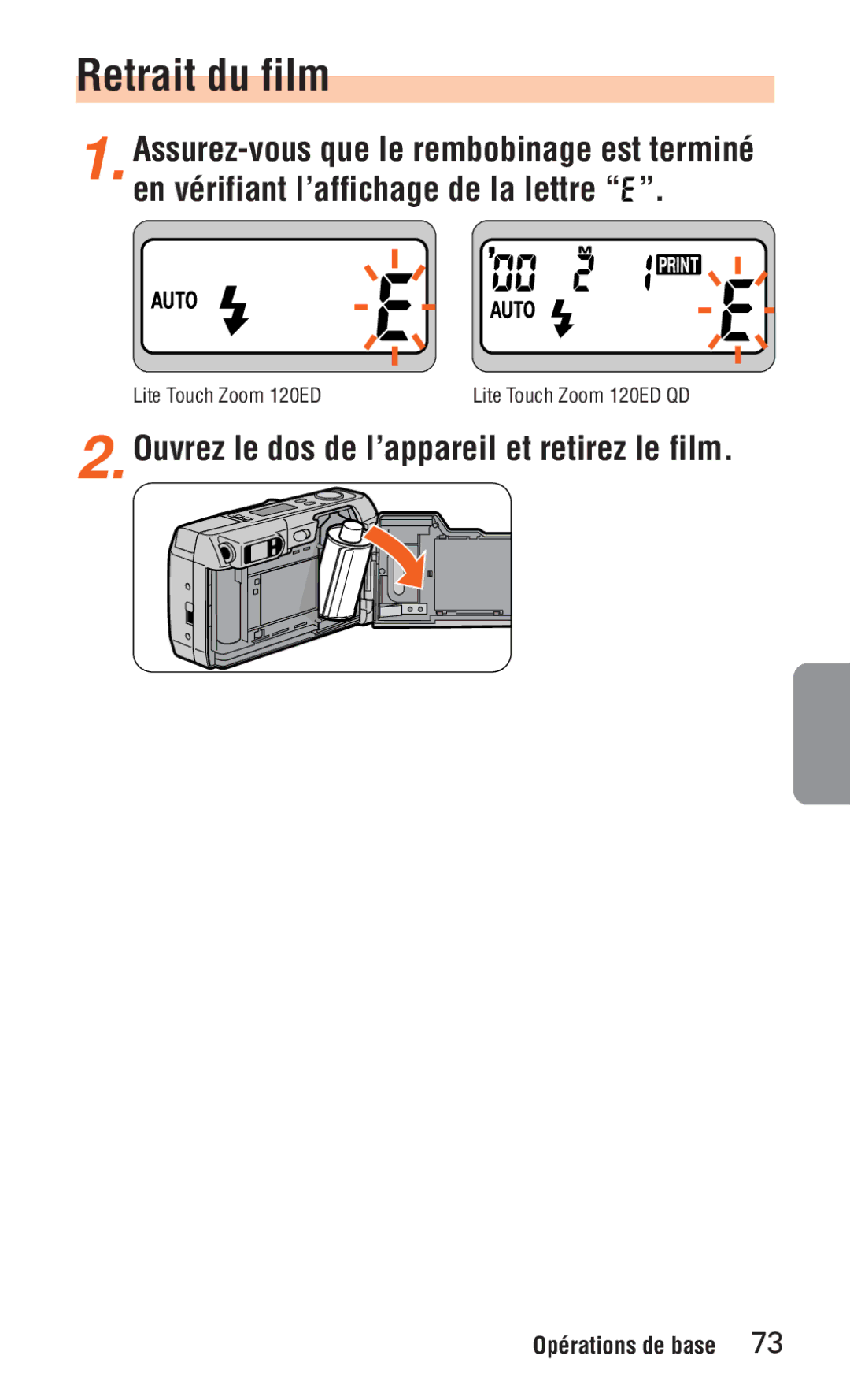 Nikon ED 120 instruction manual Retrait du film, Ouvrez le dos de l’appareil et retirez le film 