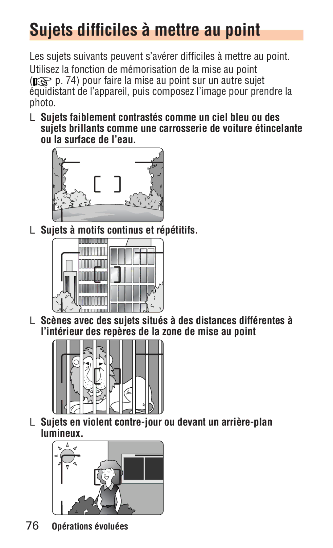 Nikon ED 120 instruction manual Sujets difficiles à mettre au point, Sujets à motifs continus et répétitifs 