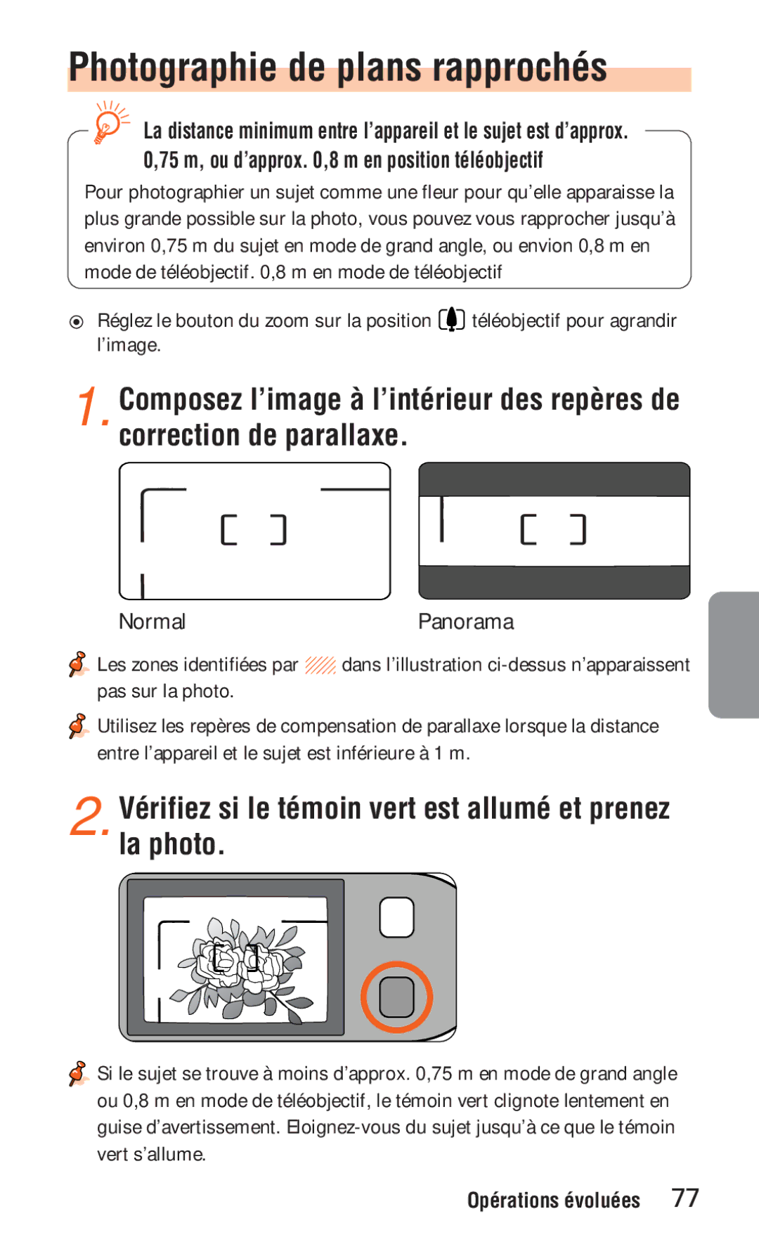 Nikon ED 120 instruction manual Photographie de plans rapprochés, Vérifiez si le témoin vert est allumé et prenez la photo 