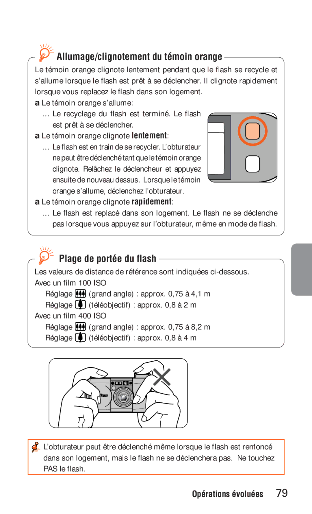 Nikon ED 120 instruction manual Allumage/clignotement du témoin orange, Plage de portée du flash 
