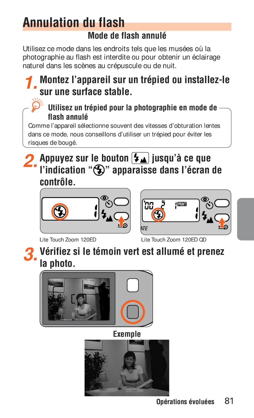 Nikon ED 120 instruction manual Annulation du flash, Mode de flash annulé 