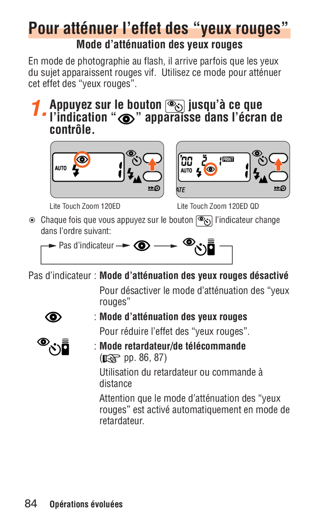 Nikon ED 120 Pour atténuer l’effet des yeux rouges, Appuyez sur le bouton Jusqu’à ce que ’indication, Contrôle 