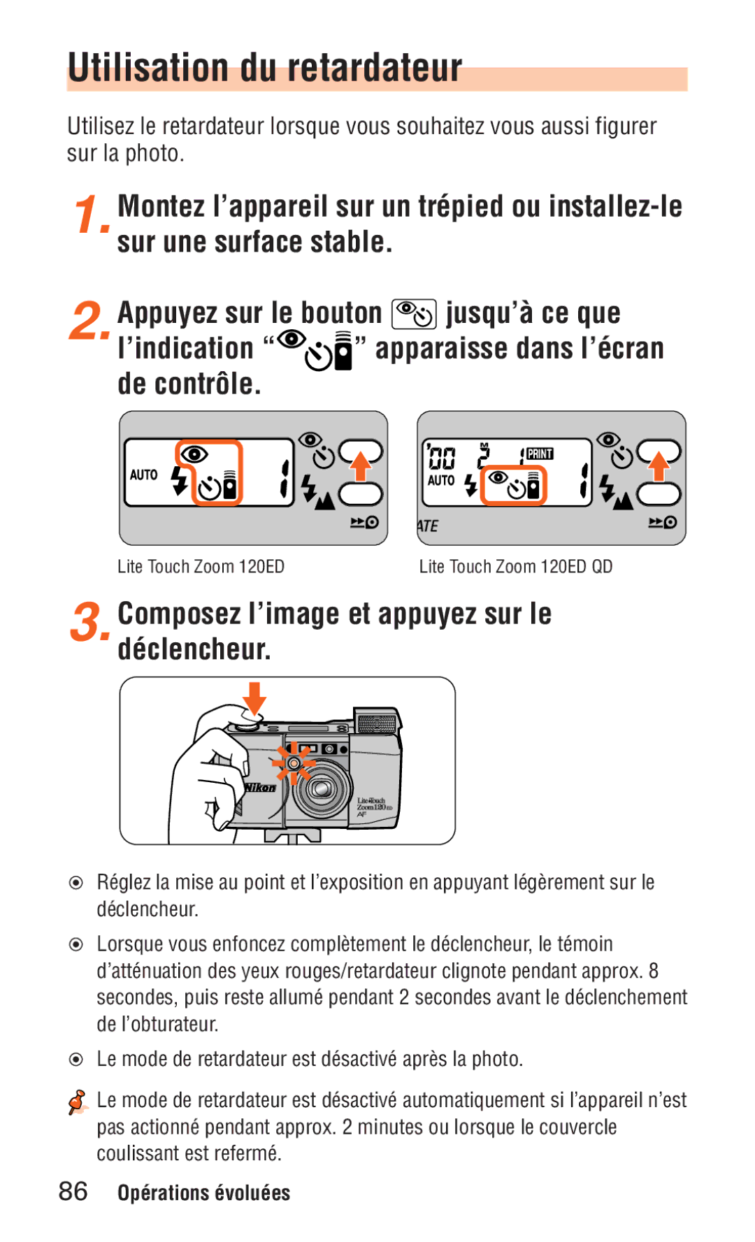 Nikon ED 120 instruction manual Utilisation du retardateur, Composez l’image et appuyez sur le déclencheur 