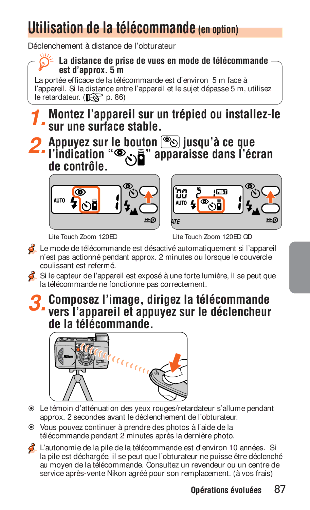 Nikon ED 120 instruction manual Utilisation de la télécommande en option 