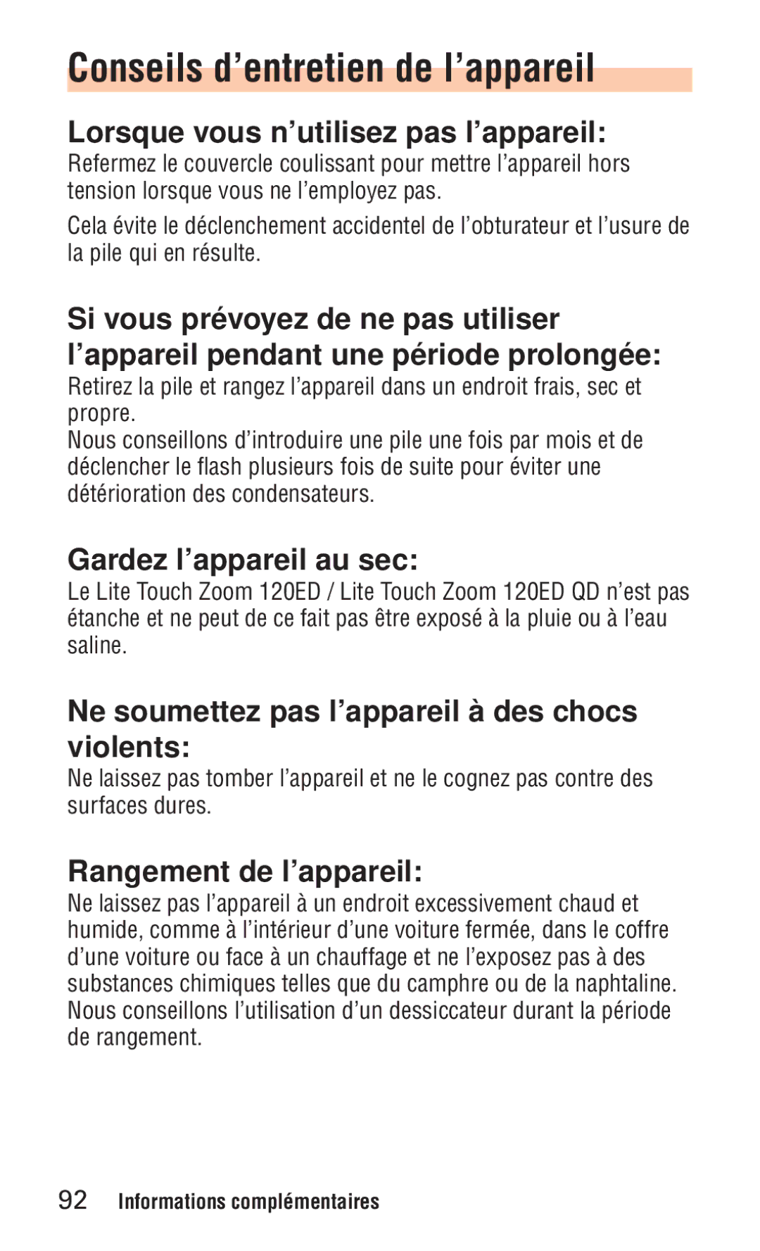 Nikon ED 120 Conseils d’entretien de l’appareil, Lorsque vous n’utilisez pas l’appareil, Gardez l’appareil au sec 