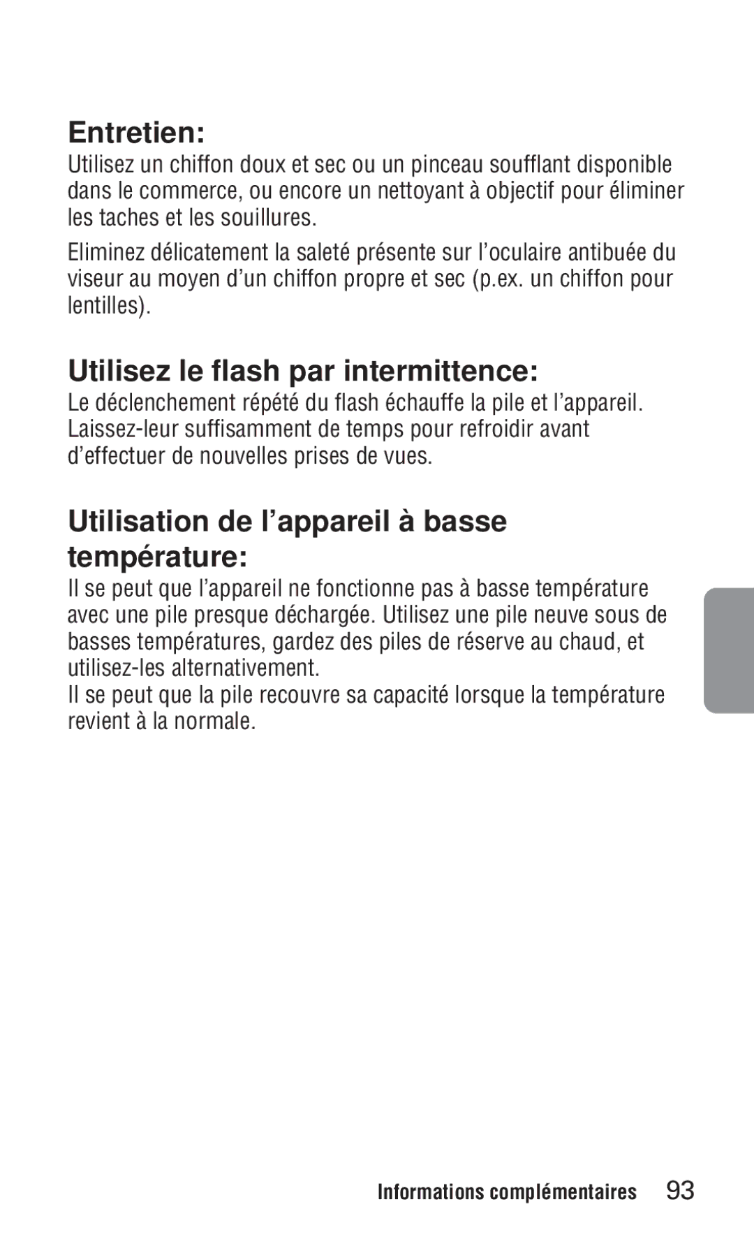 Nikon ED 120 Entretien, Utilisez le flash par intermittence, Utilisation de l’appareil à basse température 