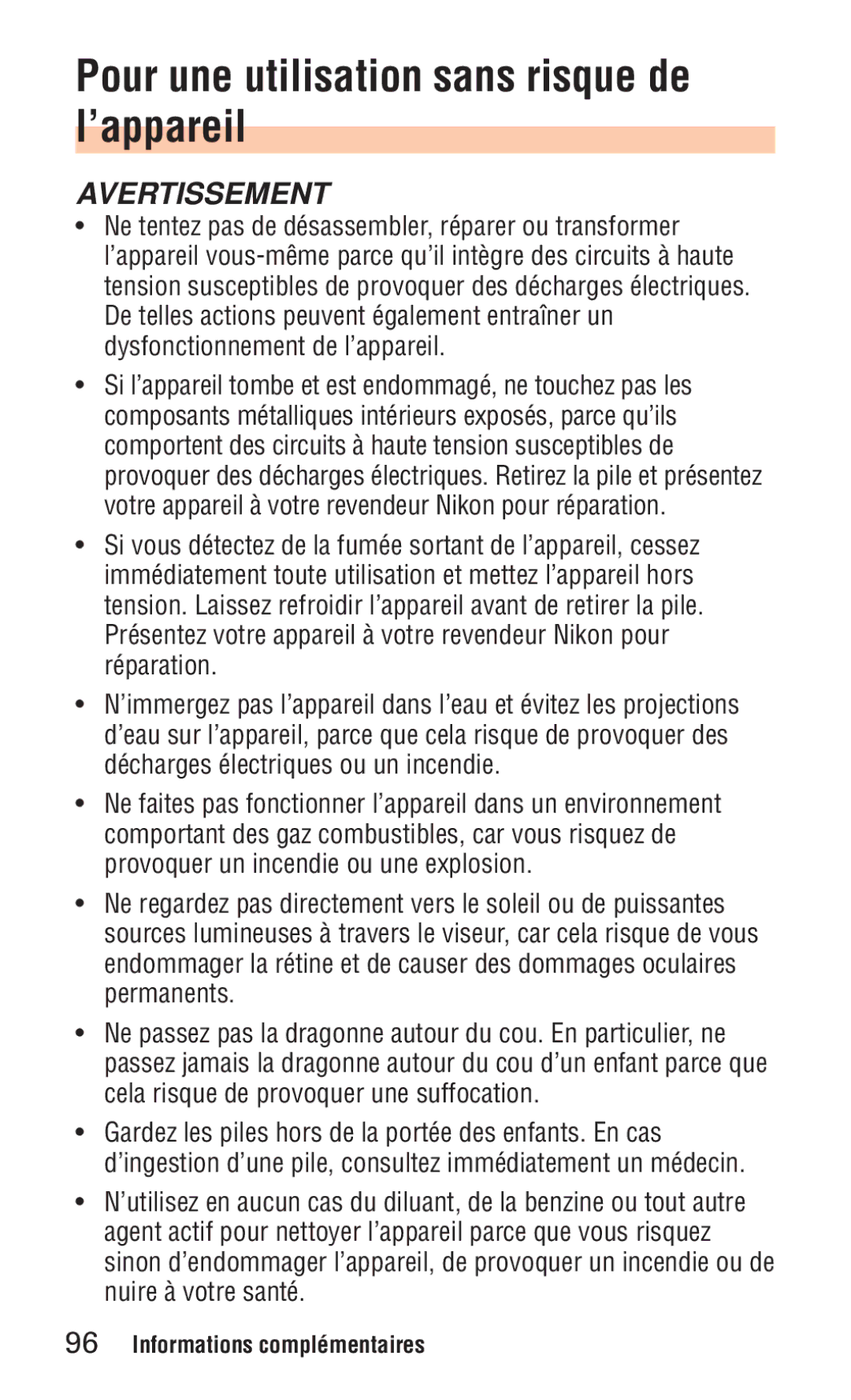 Nikon ED 120 instruction manual Pour une utilisation sans risque de l’appareil, Avertissement 