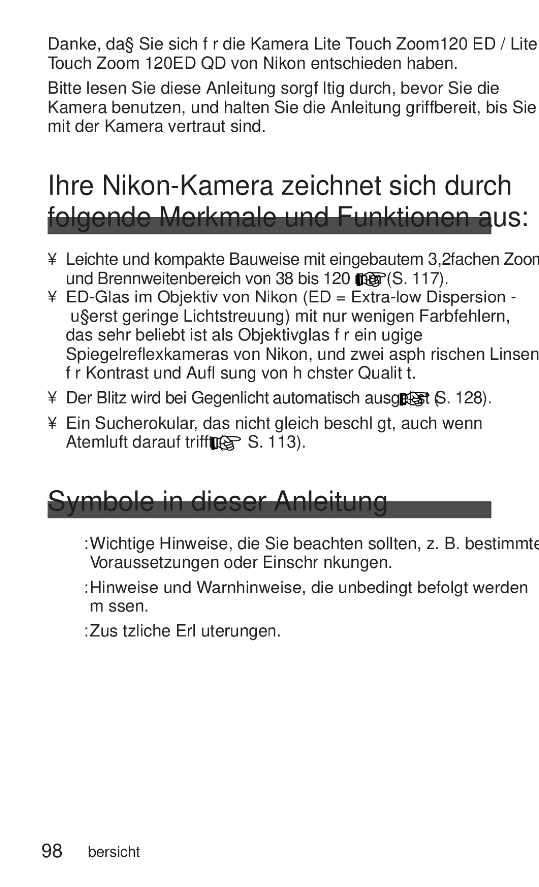 Nikon ED 120 instruction manual Symbole in dieser Anleitung 