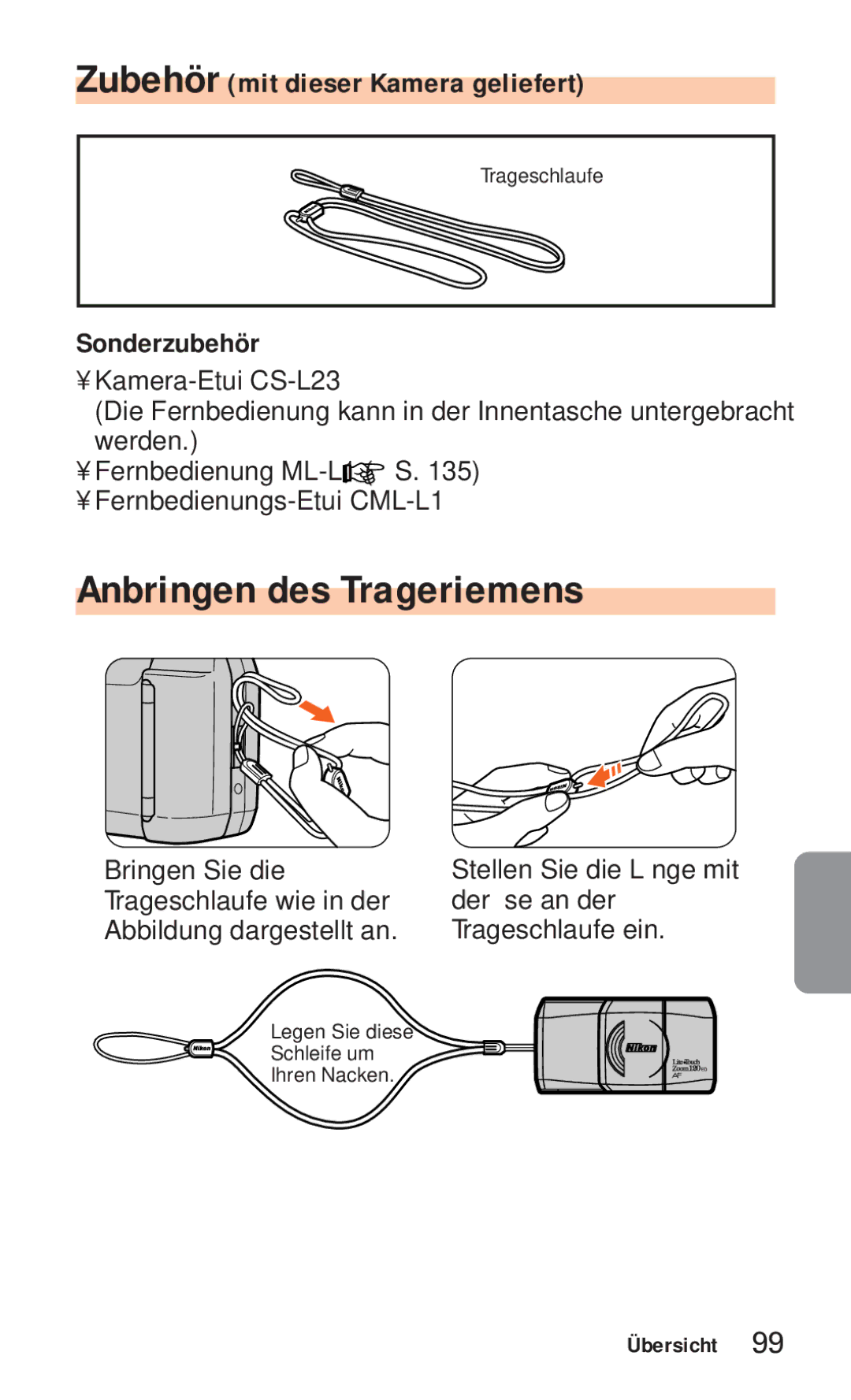 Nikon ED 120 instruction manual Anbringen des Trageriemens, Zubehör mit dieser Kamera geliefert, Sonderzubehör 