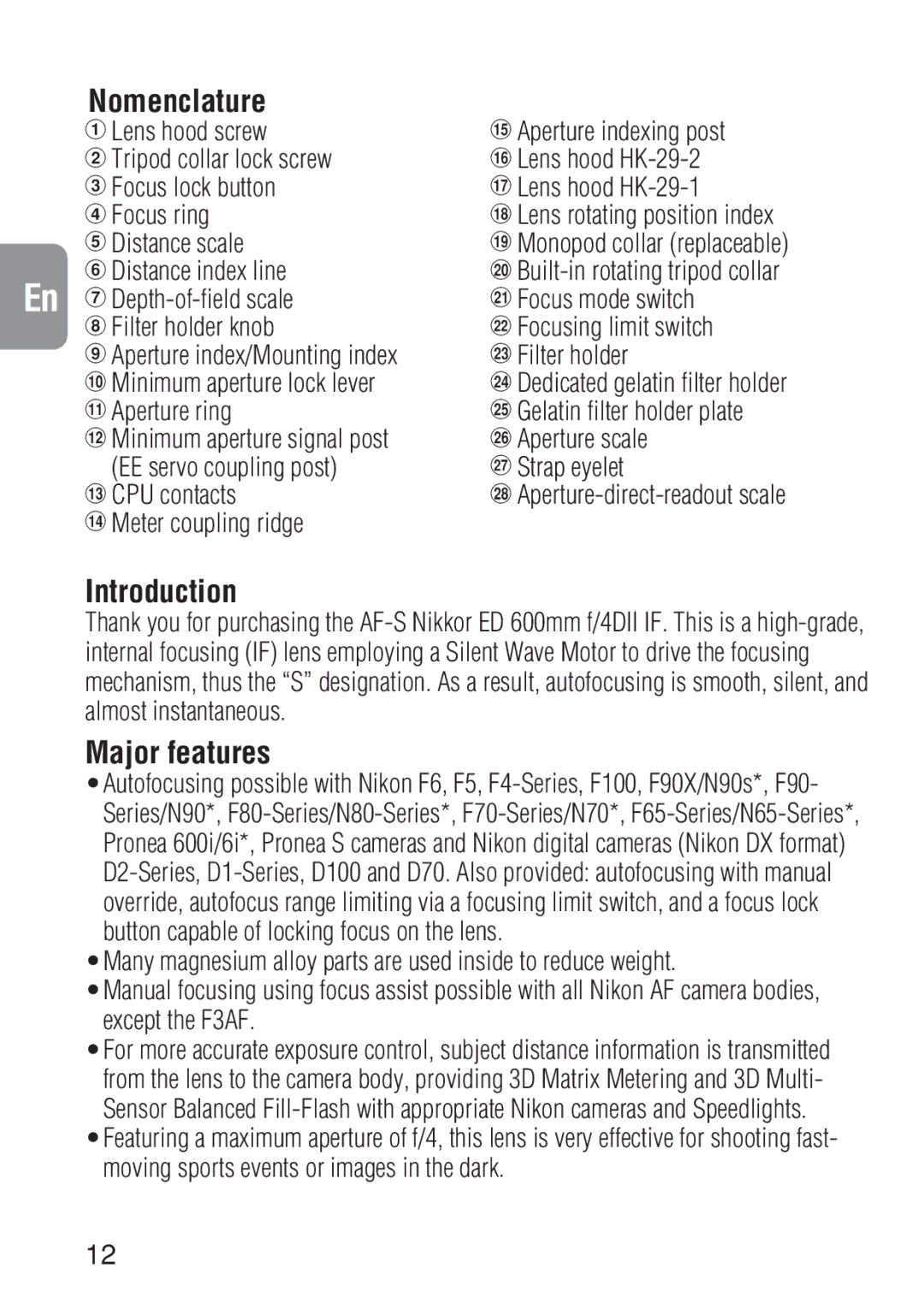 Nikon ED 600MM instruction manual Nomenclature, Introduction, Major features 