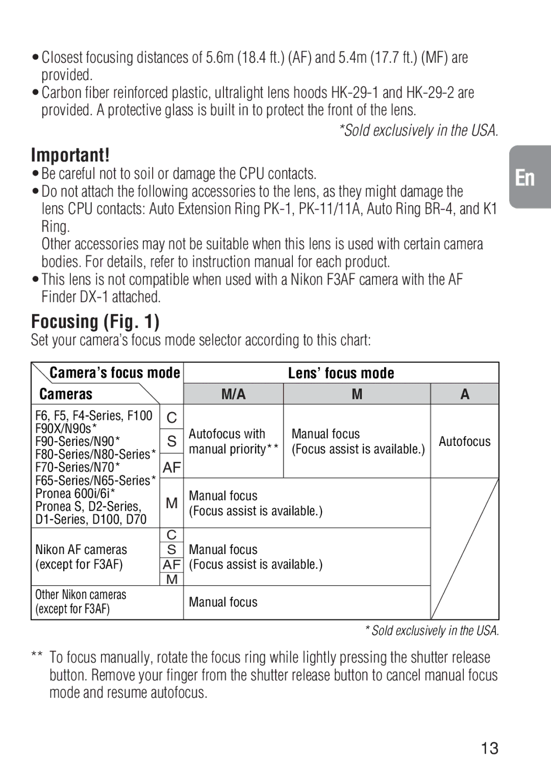 Nikon ED 600MM instruction manual Focusing Fig, Mode and resume autofocus 