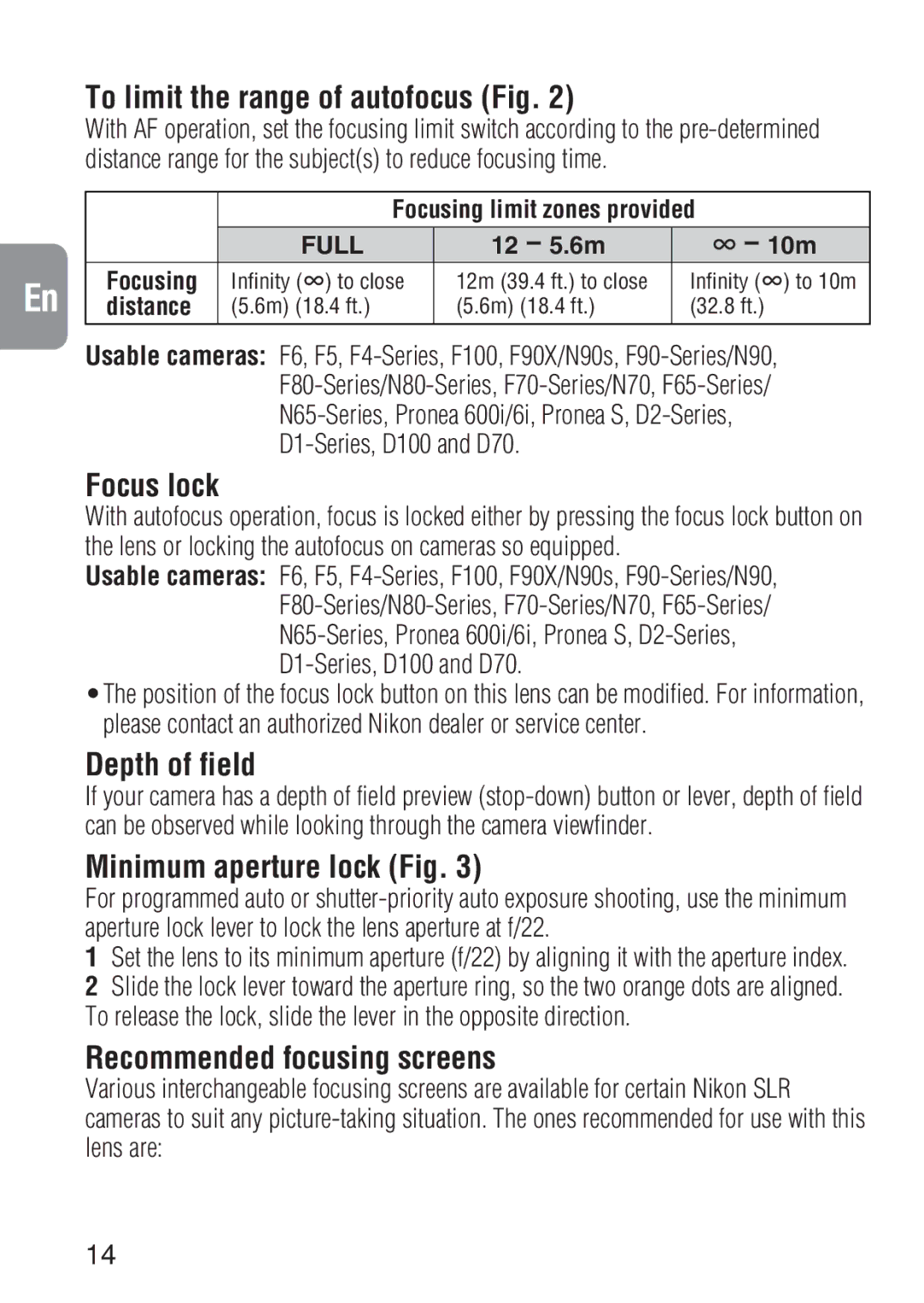 Nikon ED 600MM To limit the range of autofocus Fig, Focus lock, Depth of field, Minimum aperture lock Fig 