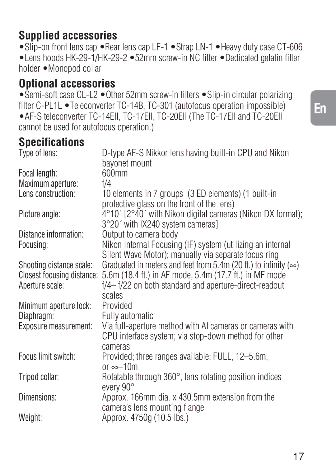 Nikon ED 600MM instruction manual Supplied accessories, Optional accessories, Specifications 