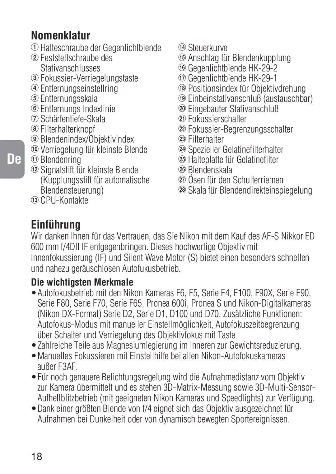 Nikon ED 600MM instruction manual Nomenklatur, Einführung, Die wichtigsten Merkmale 