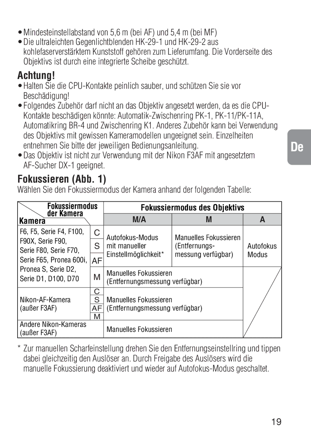 Nikon ED 600MM instruction manual Achtung, Fokussieren Abb 