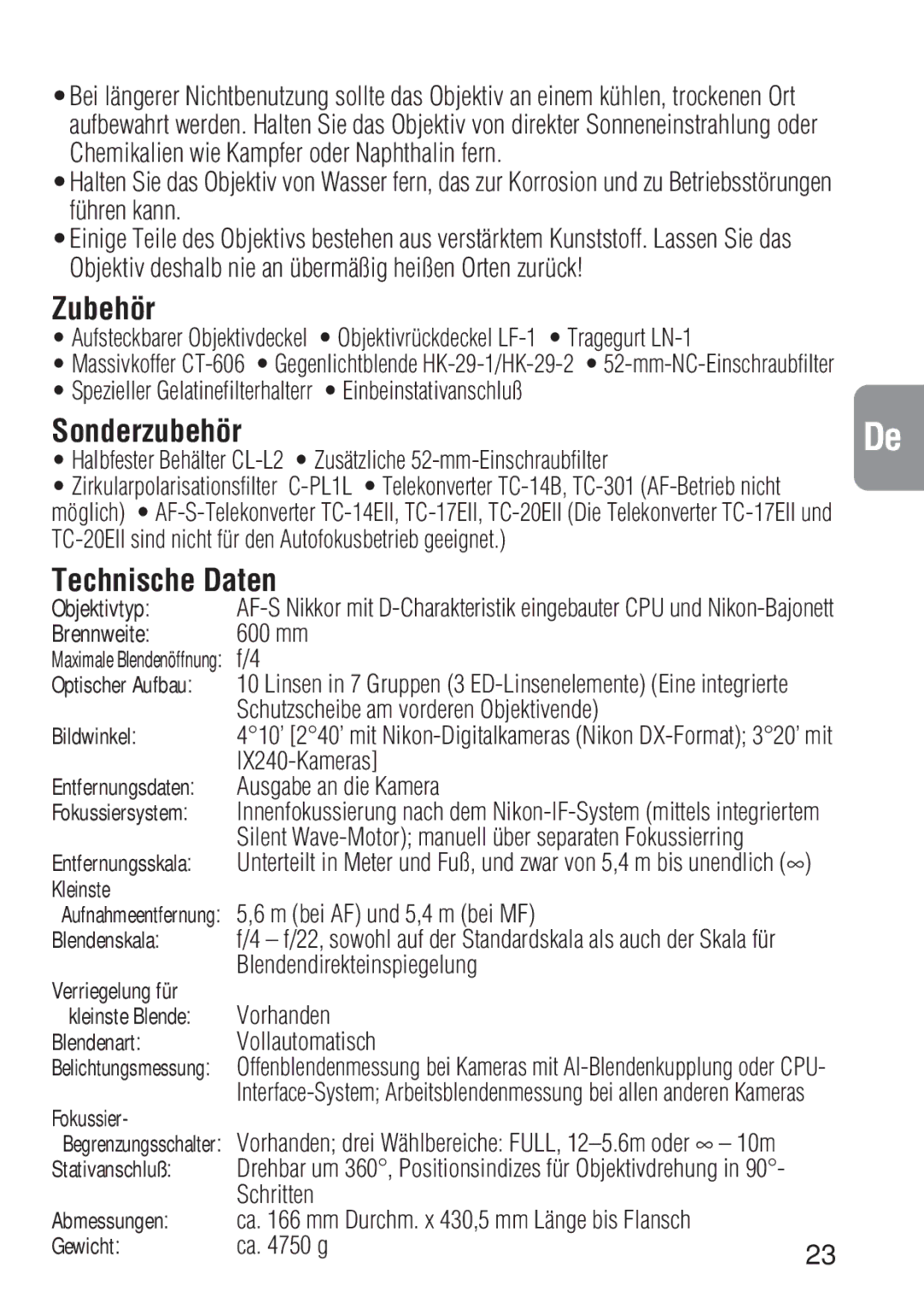 Nikon ED 600MM instruction manual Zubehör, Sonderzubehör, Technische Daten 