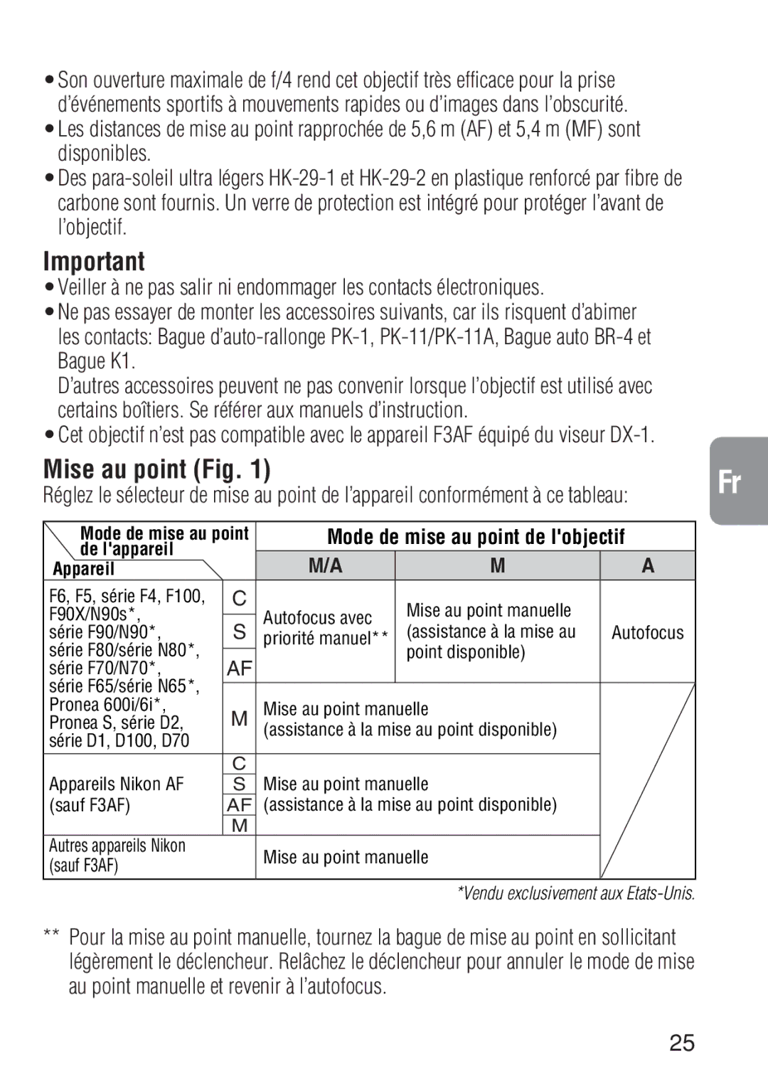 Nikon ED 600MM instruction manual Mise au point Fig, Au point manuelle et revenir à l’autofocus 