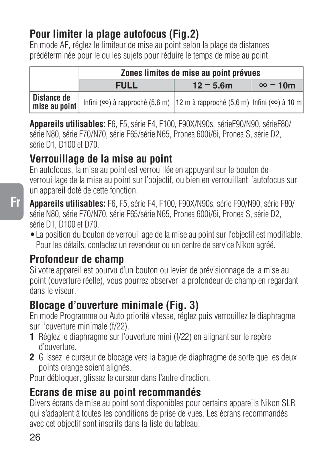 Nikon ED 600MM instruction manual Pour limiter la plage autofocus, Verrouillage de la mise au point, Profondeur de champ 