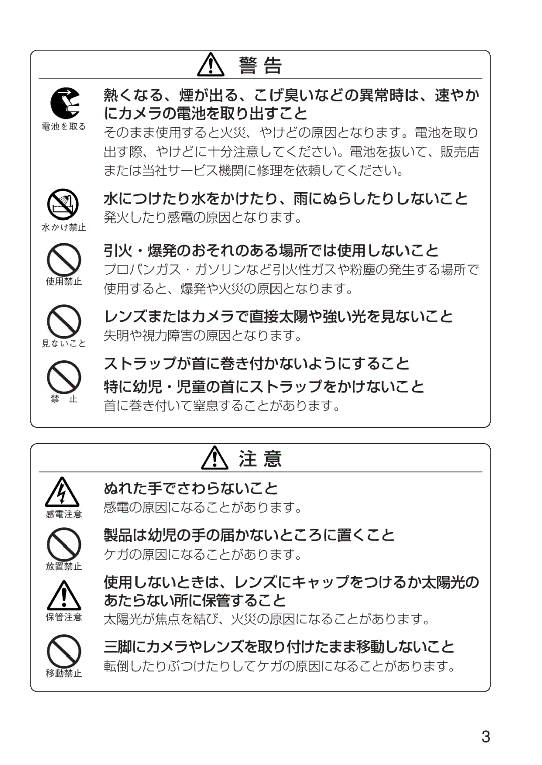 Nikon ED 600MM instruction manual 熱くなる、煙が出る、こげ臭いなどの異常時は、速やか にカメラの電池を取り出すこと 