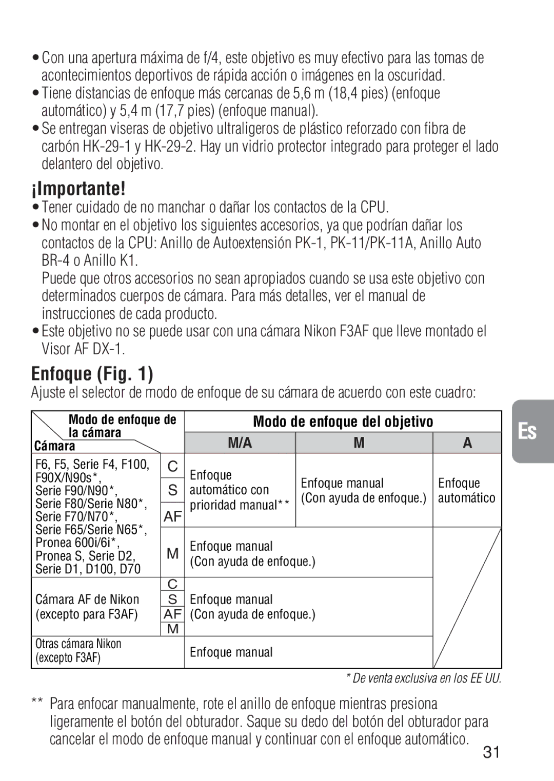 Nikon ED 600MM instruction manual ¡Importante, Enfoque Fig 