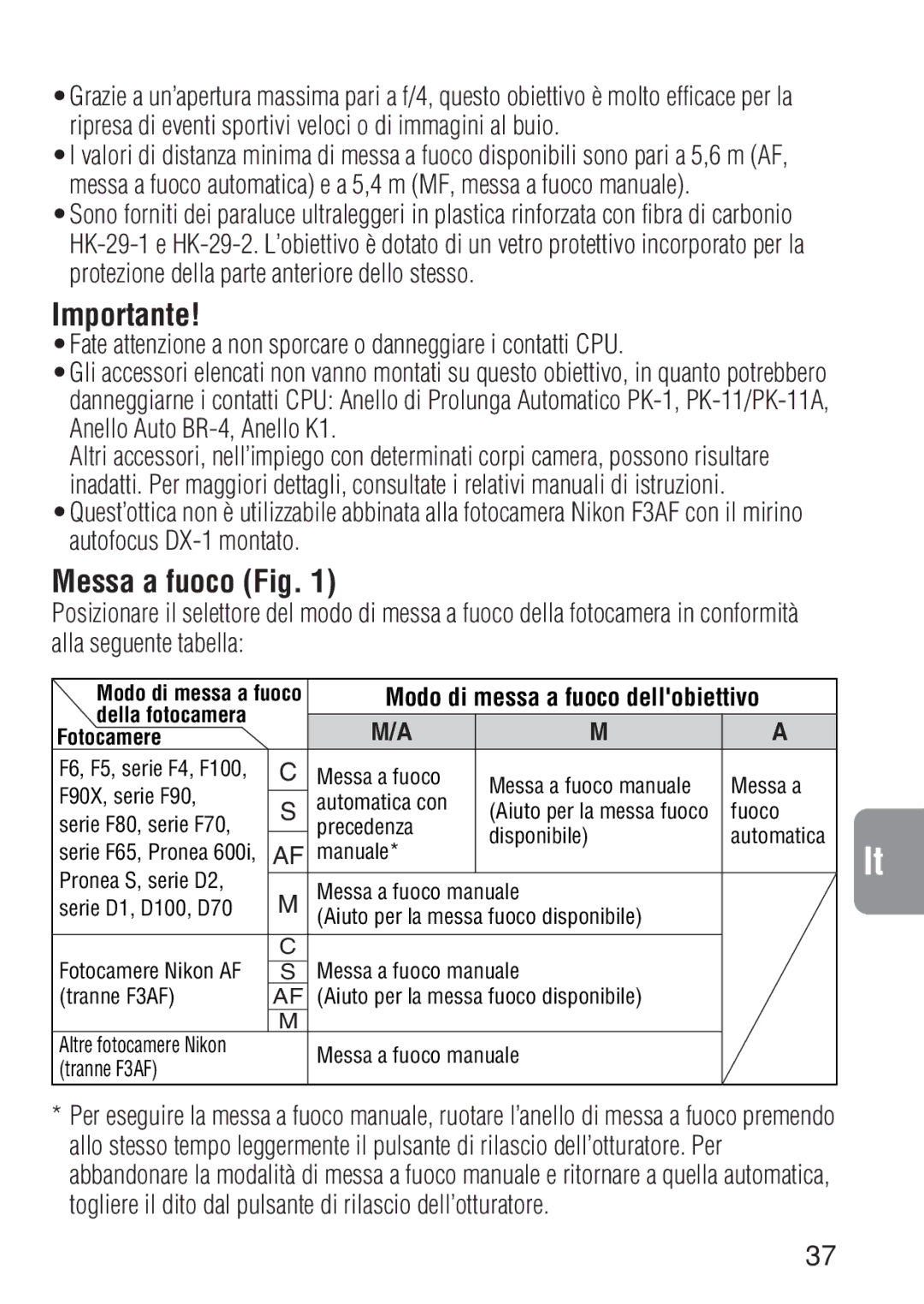 Nikon ED 600MM instruction manual Importante, Messa a fuoco Fig, Togliere il dito dal pulsante di rilascio dell’otturatore 