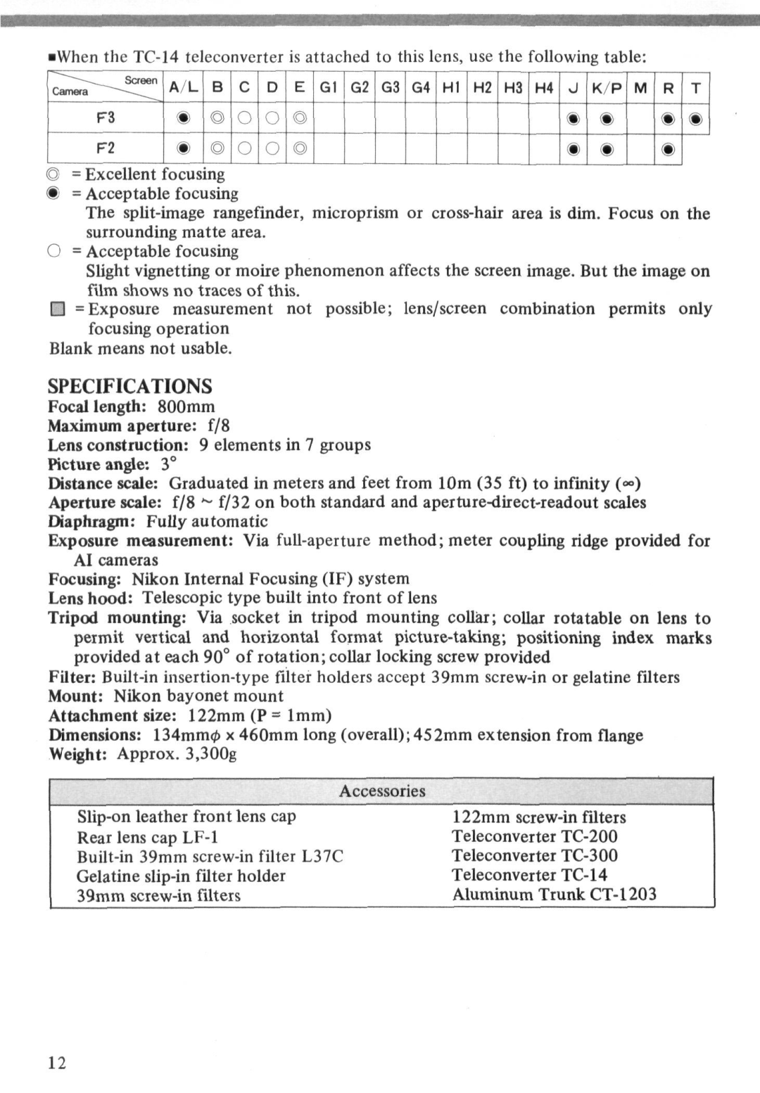 Nikon ED instruction manual Specifications, Focal length 800mm Maximum aperture f/8 