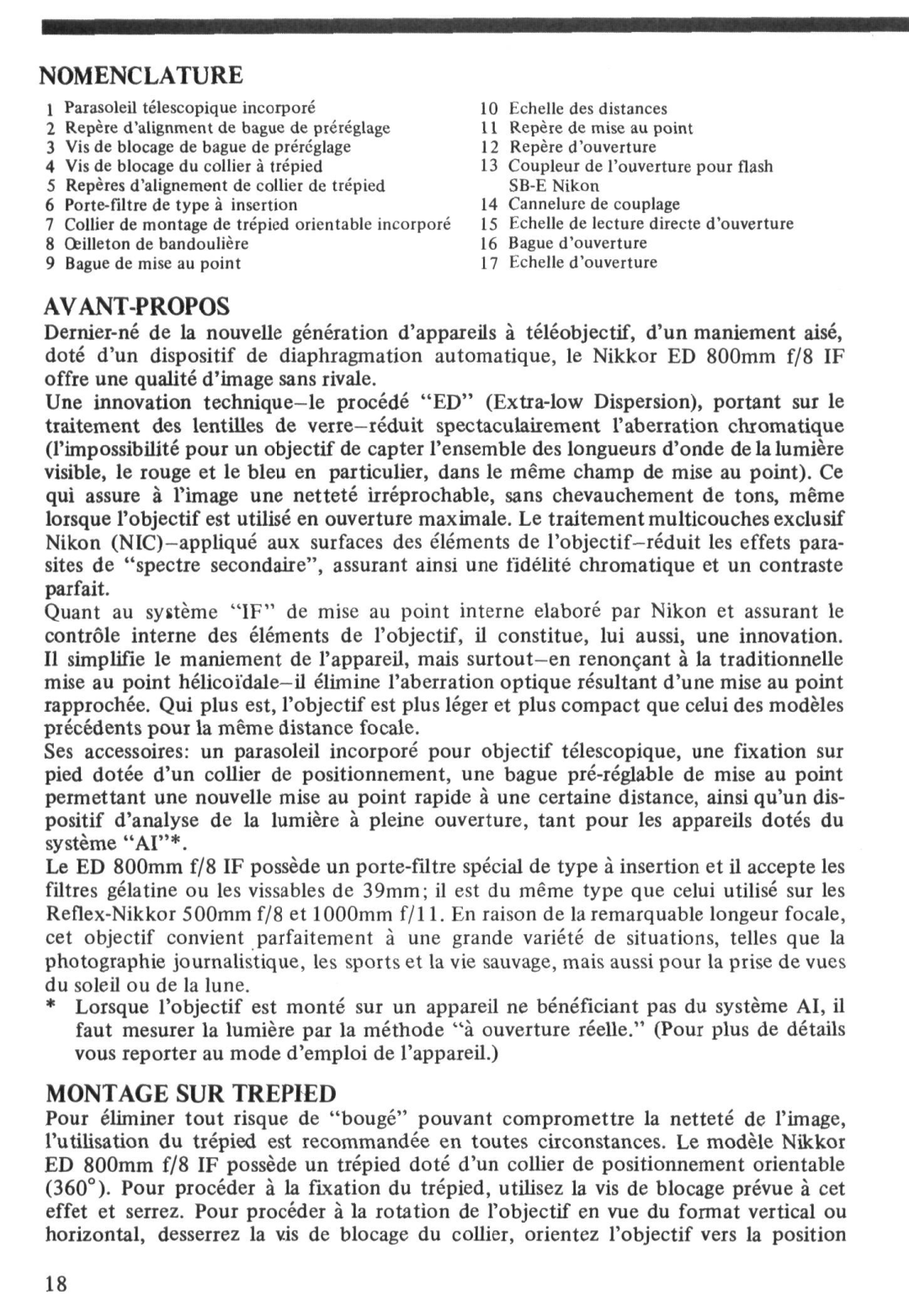 Nikon ED instruction manual Avant-Propos, Montage SUR Trepied 