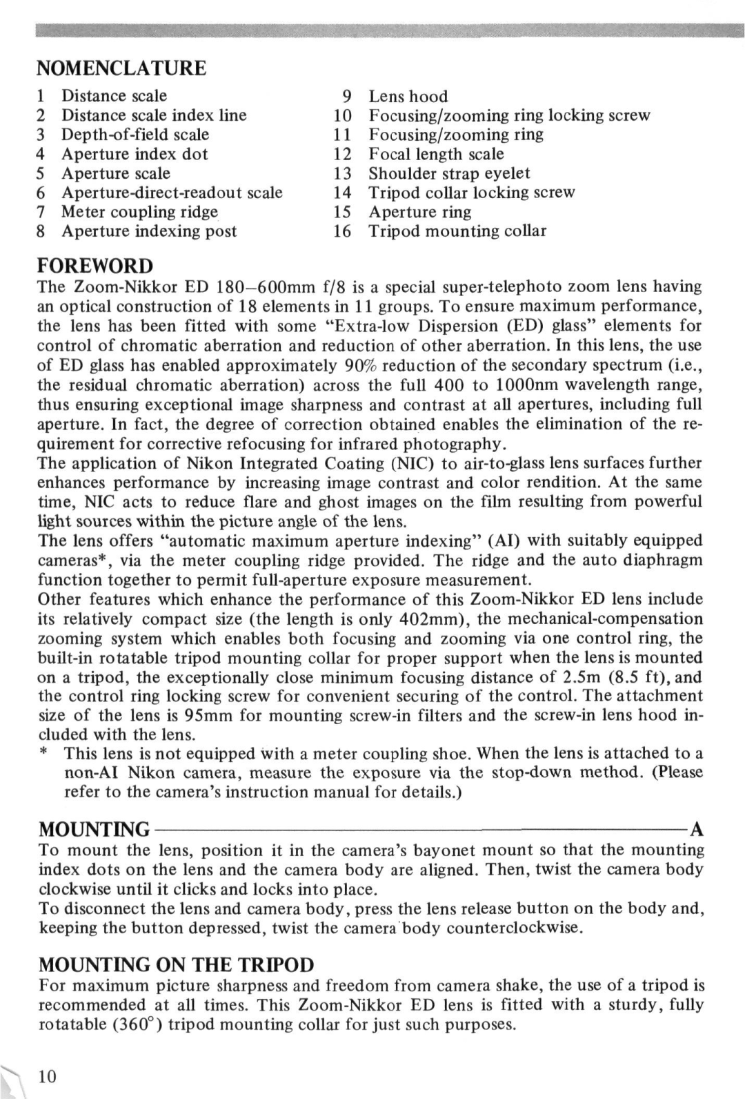 Nikon ED180600MM instruction manual Nomenclature, Foreword, Mountinga, Mounting on the Tripod 