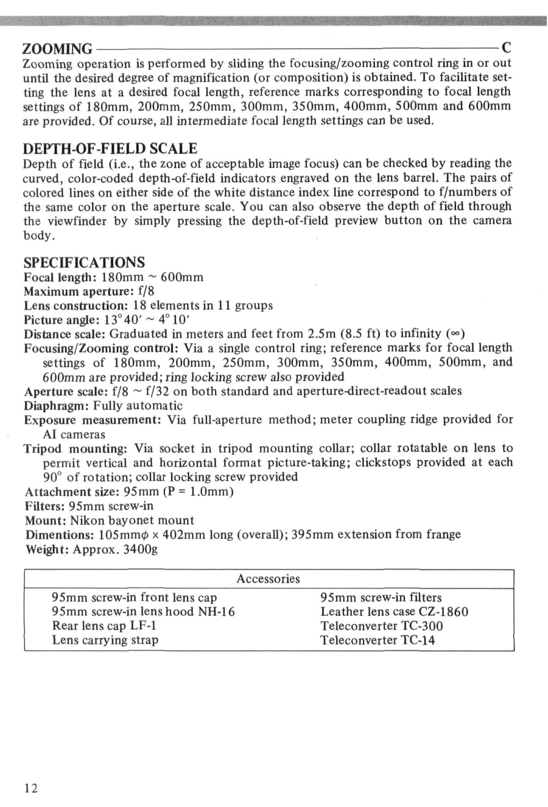 Nikon ED180600MM instruction manual Zoomingc, DEPTH-OF-FIELD Scale, Specifications 