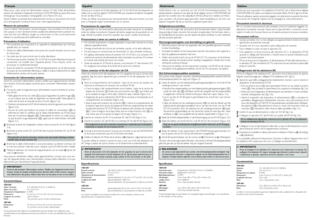 Nikon EH-60 specifications Español, Nederlands, Italiano 