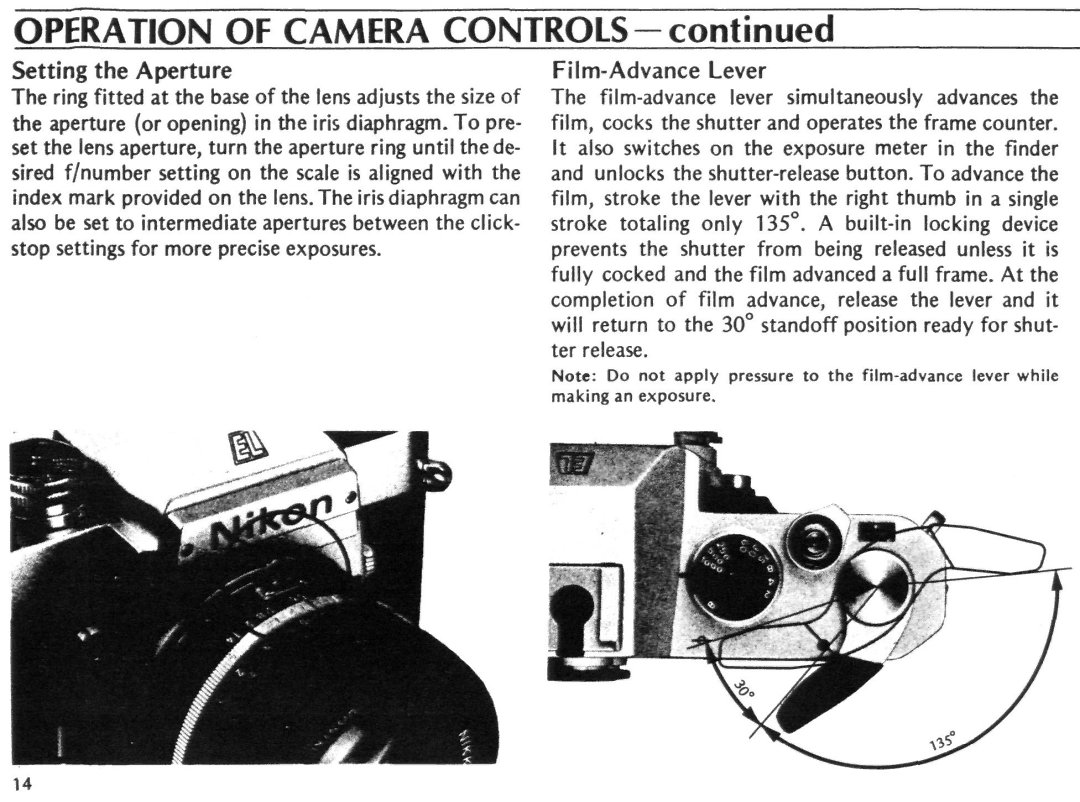 Nikon EL2 instruction manual Operation of Camera CON, Setting the Aperture, Film-Advance Lever 