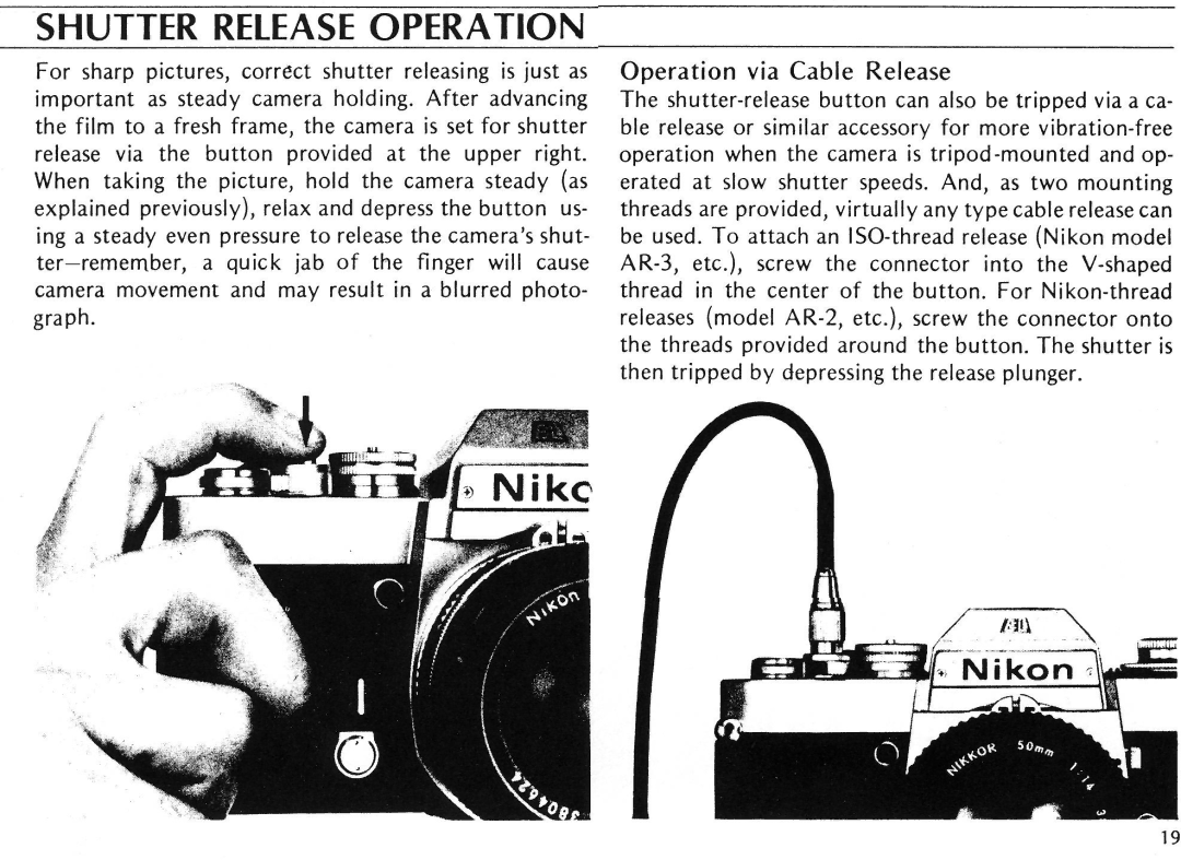 Nikon EL2 instruction manual Shutter Release Operation, Operation via Cable Release 