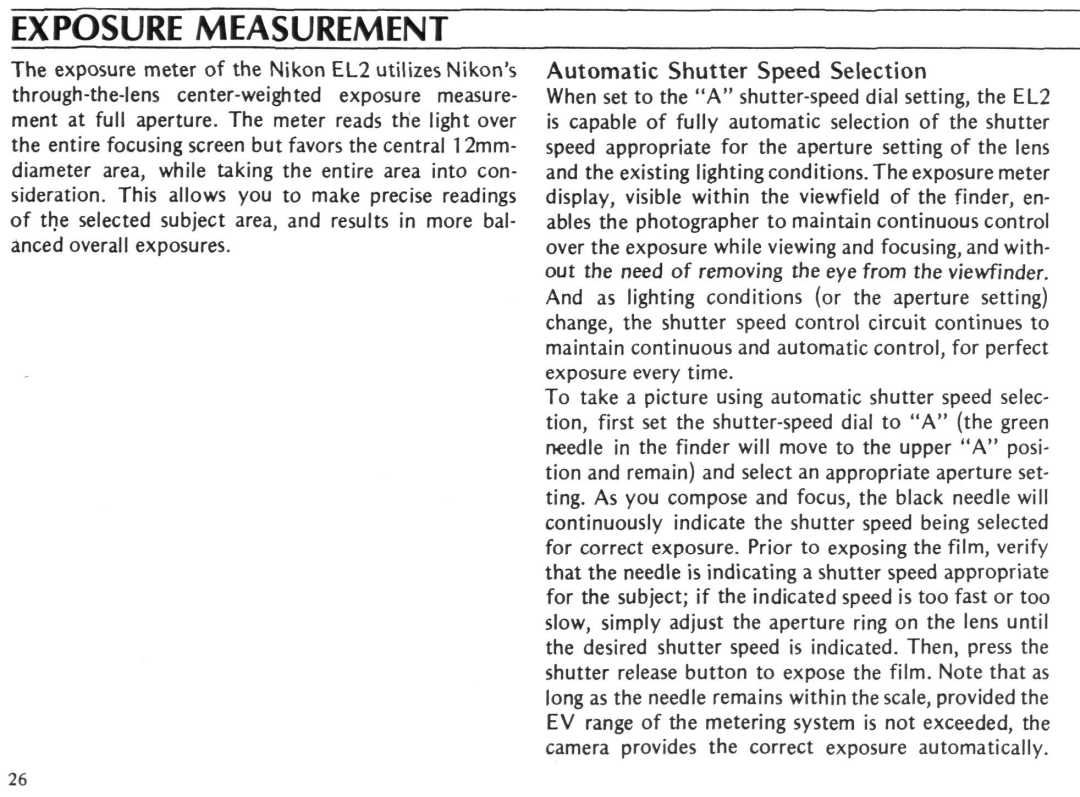 Nikon EL2 instruction manual Exposure Measurement 