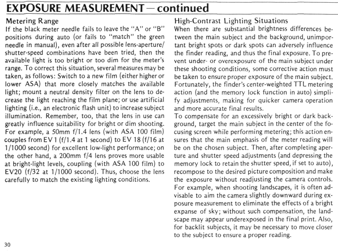 Nikon EL2 instruction manual Metering Range 