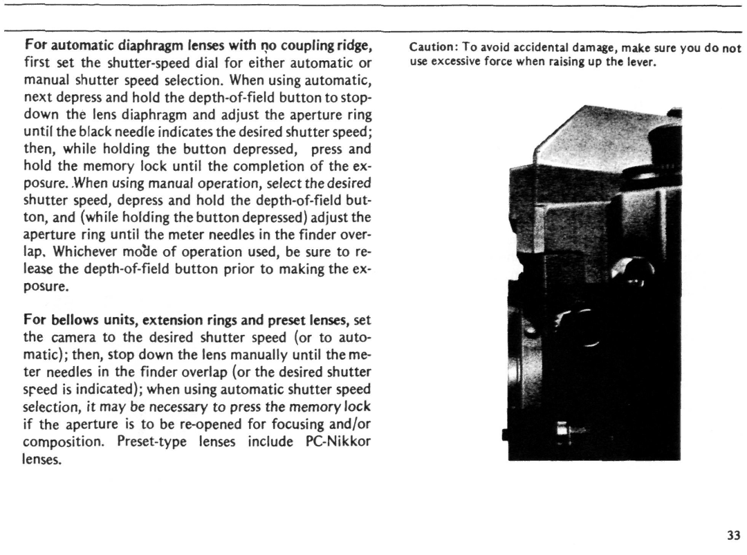 Nikon EL2 instruction manual 0T, For automatic diaphragm lenses with no coupling ridge 