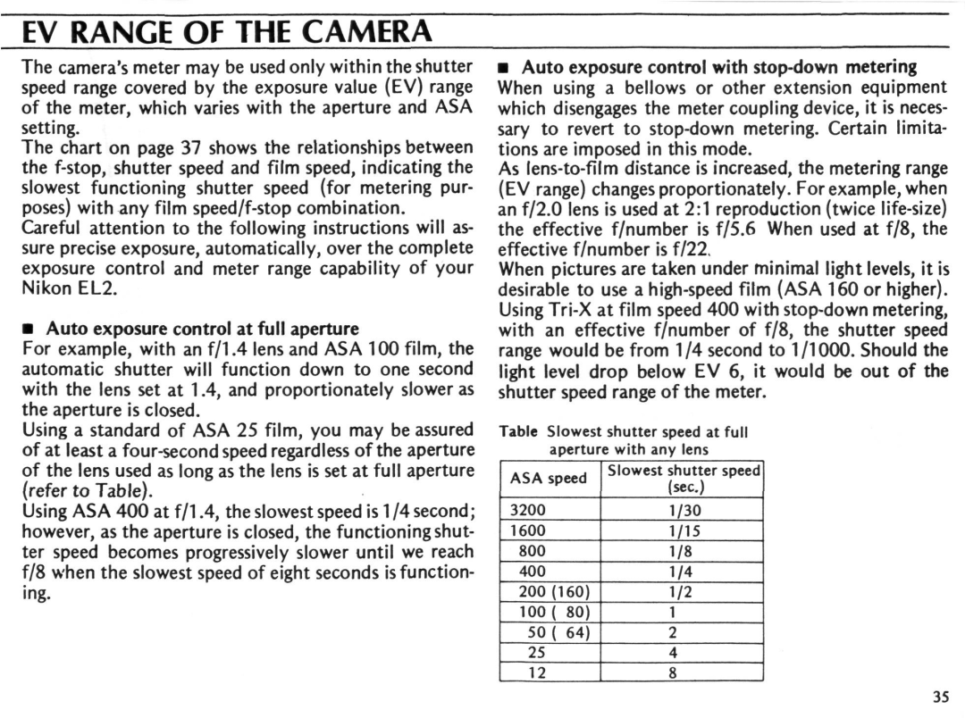 Nikon EL2 instruction manual EV Range of the Camera, Auto exposure control at full aperture 