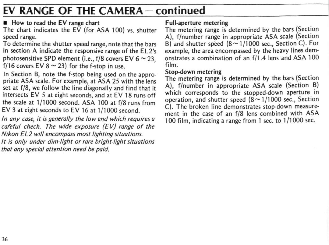 Nikon EL2 instruction manual How to read the EV range chart, Full-aperture metering 