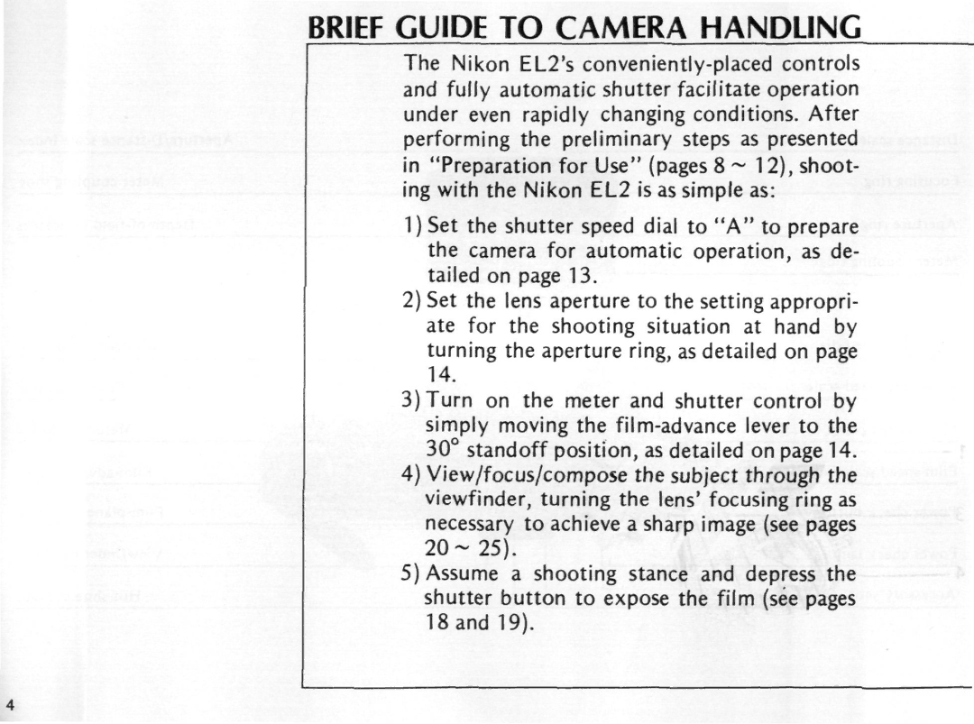 Nikon EL2 instruction manual Brief Guide to Camera Handling 