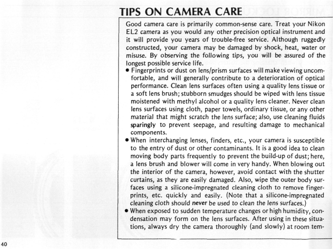 Nikon EL2 instruction manual Tips on Camera Care 