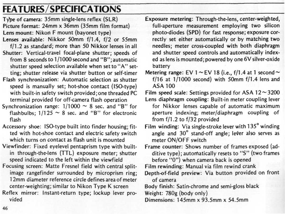 Nikon EL2 instruction manual Features/Specifications 